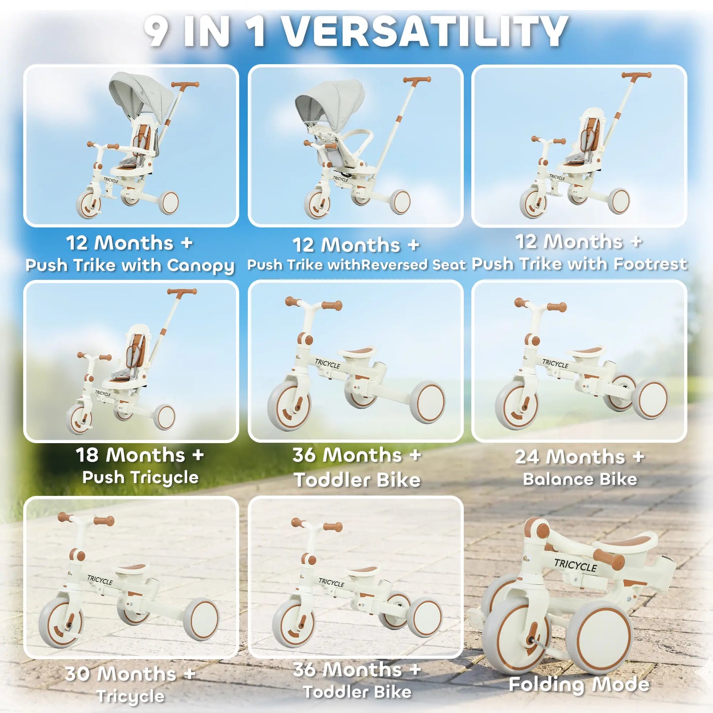 7 in 1 Toddler Tricycle, Safety Harness, Adjustable Parent Handle, Cream White Tricycles for Kids at Gallery Canada