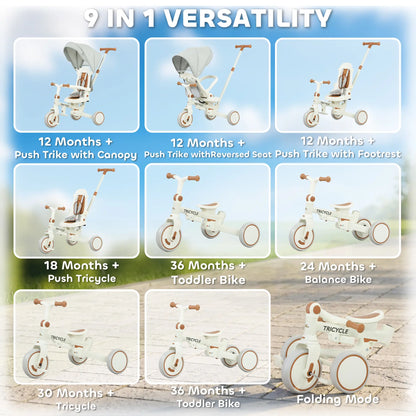7 in 1 Toddler Tricycle, Safety Harness, Adjustable Parent Handle, Cream White Tricycles for Kids at Gallery Canada