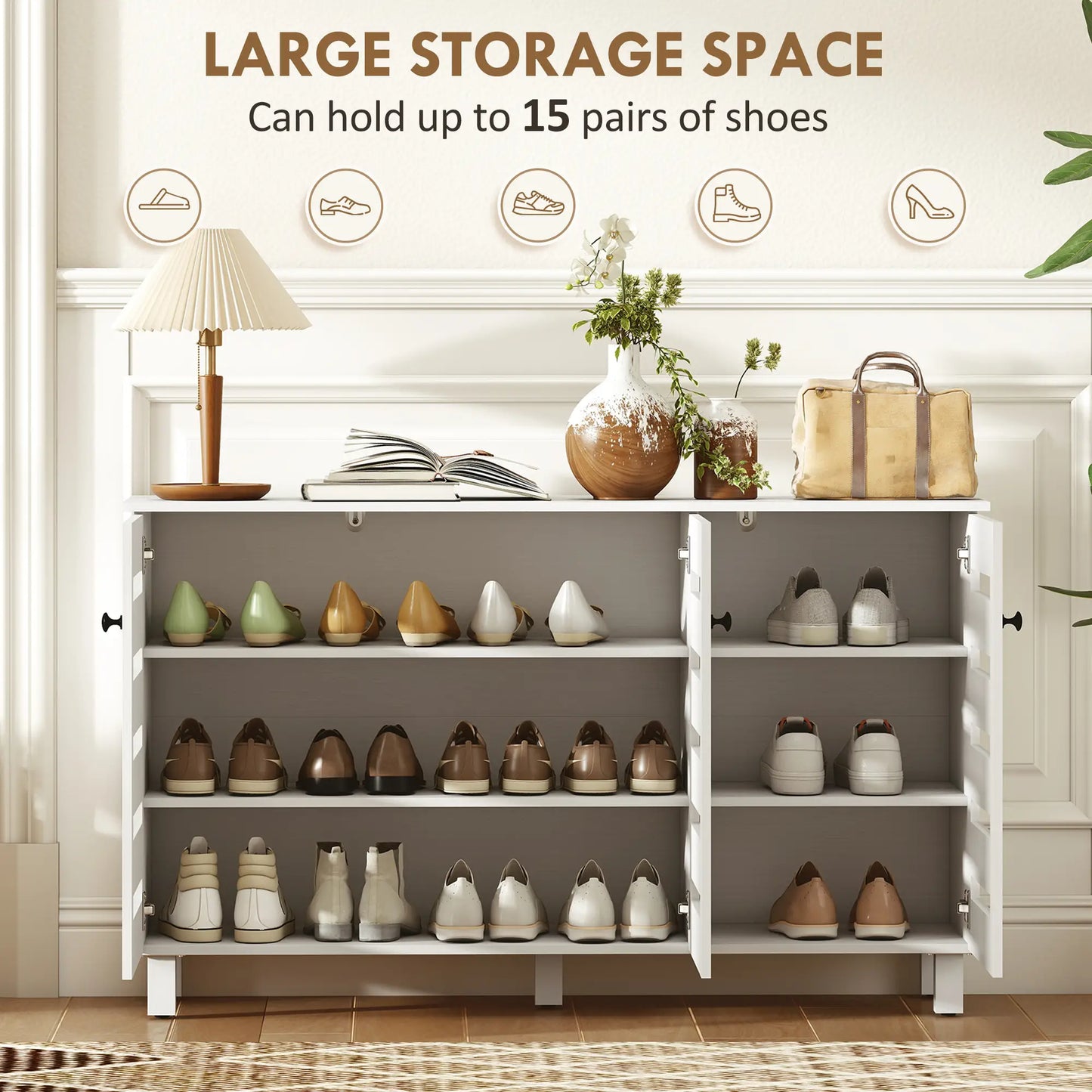 3-Door Shoe Cabinet, 3-Tier Adjustable Shelves For 15 Pairs, White