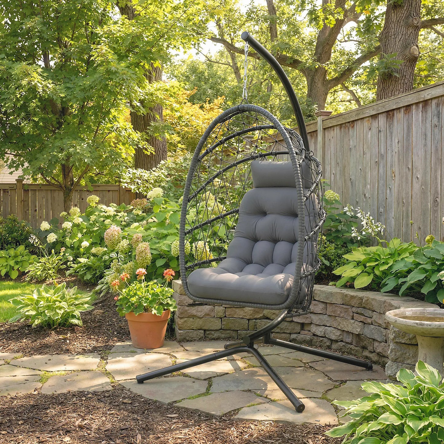 Chaise Œuf Suspendue, Balançoire en Rotin Tressé Pliable, Gris