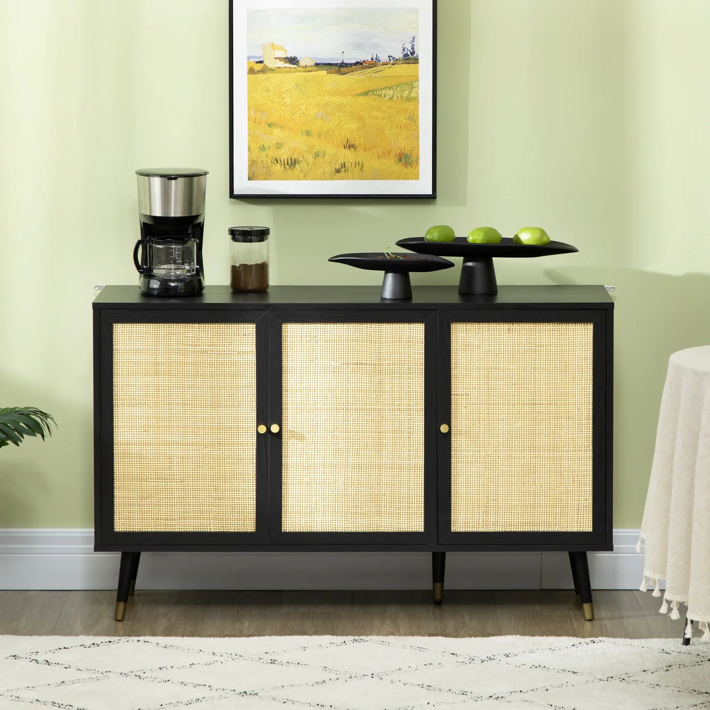 Kitchen Sideboard Cabinet, Boho Storage Cabinet with Shelves, Wood Legs, Decorative Rattan Doors, Black Bar Cabinets at Gallery Canada
