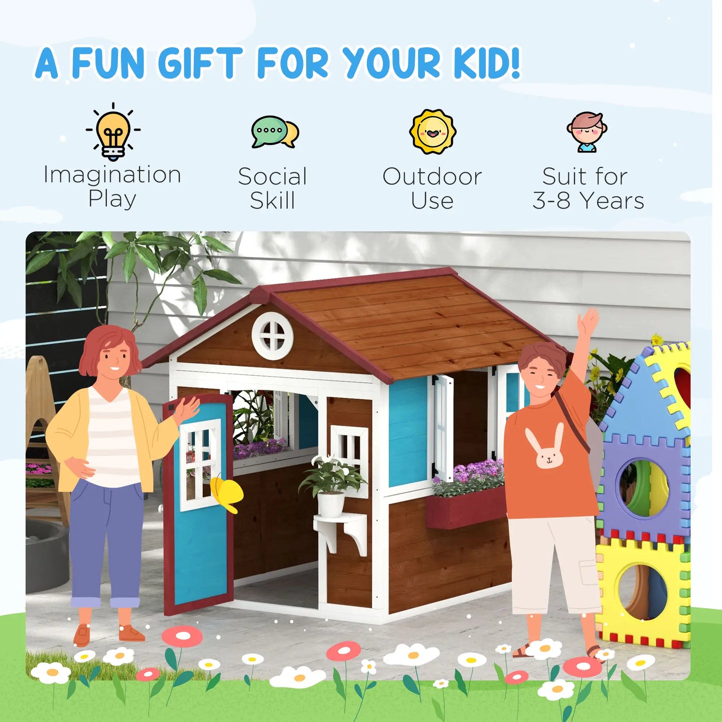 Wooden Playhouse for Kids Outdoor with Door, Windows, Planter Pots and Boxes for Toddlers 3-8 Years, Beige Play Houses at Gallery Canada