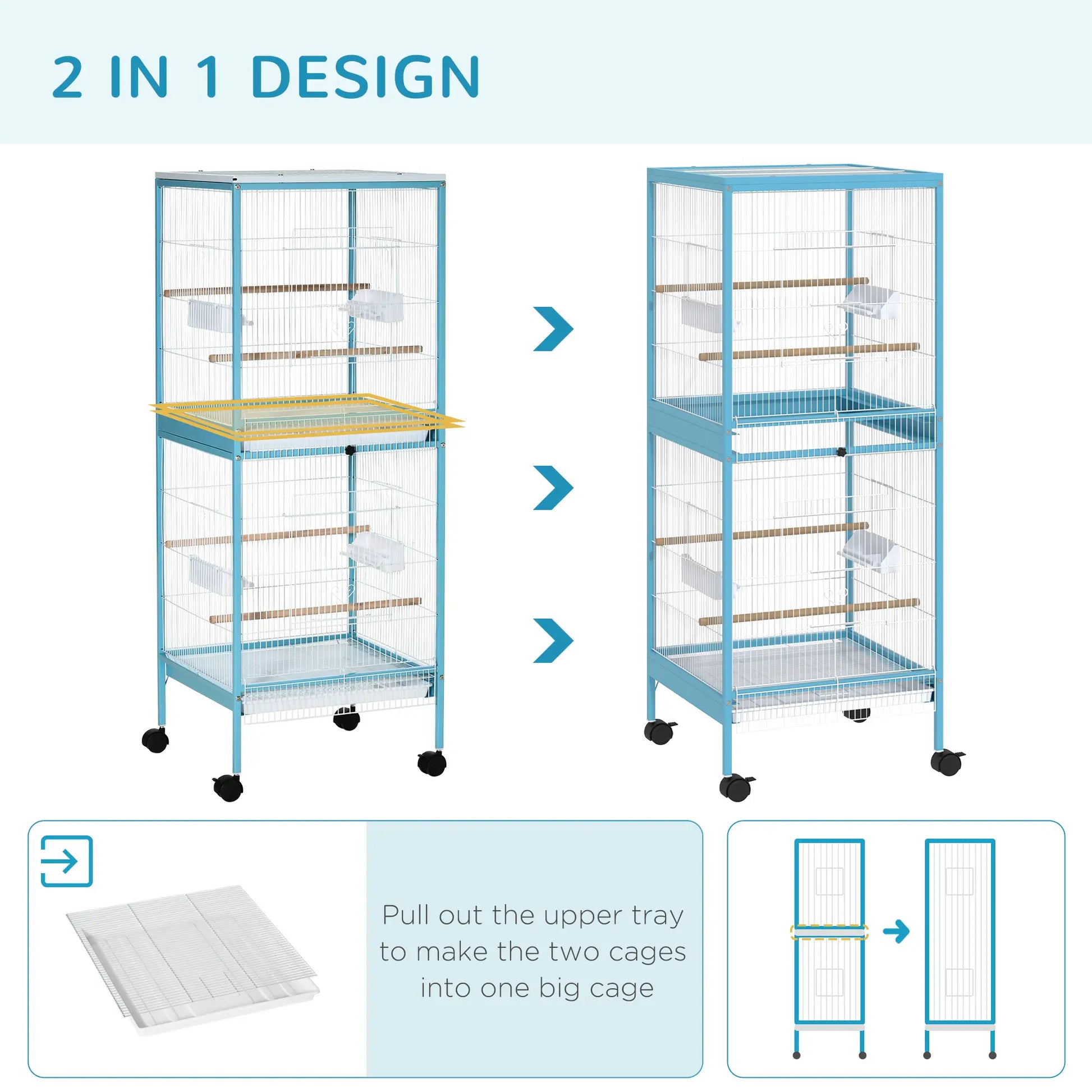 55.1" 2 In 1 Bird Cage Aviary, Wheels, Slide-out Trays, Light Blue Bird Cages at Gallery Canada