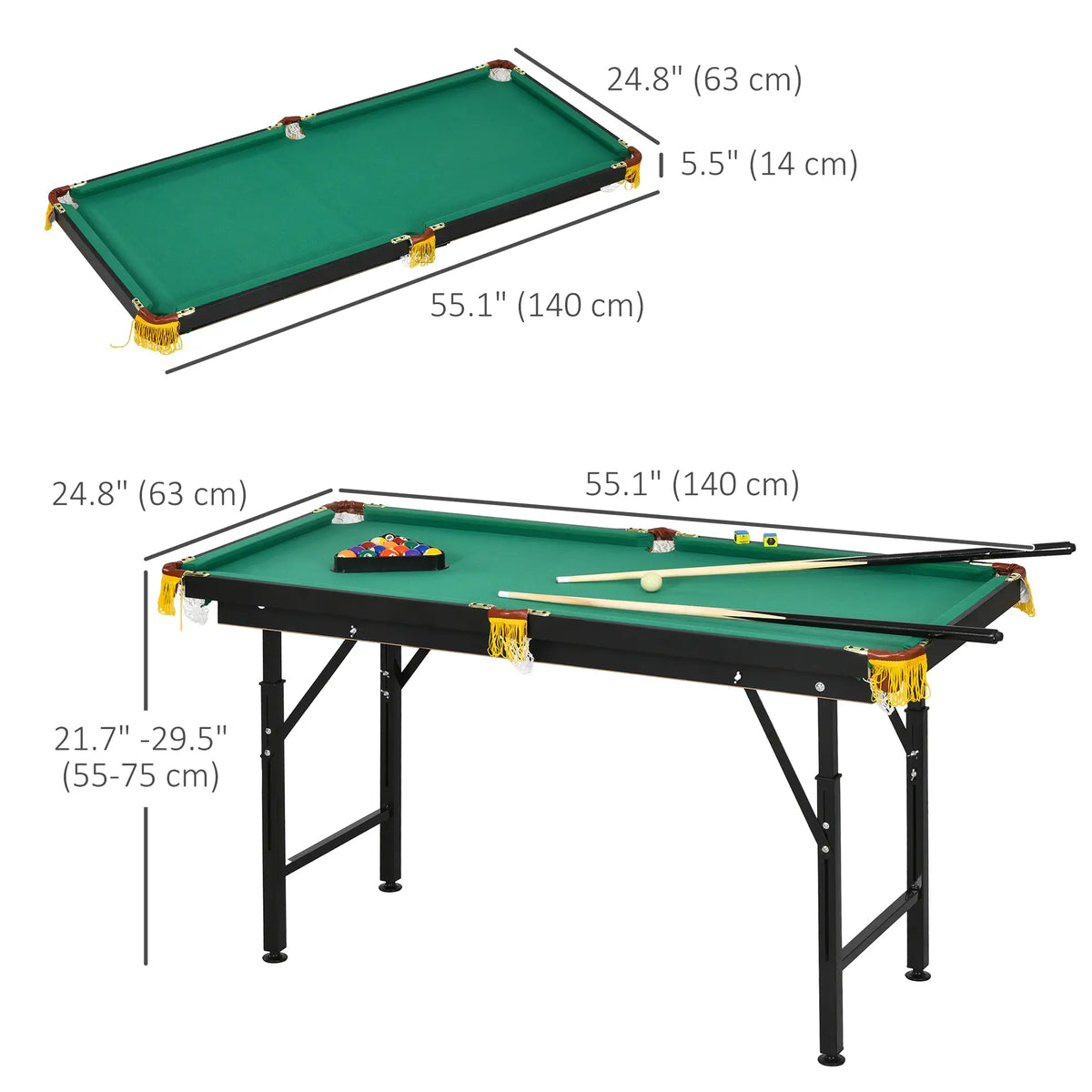55 Folding Pool Table Set, Adjustable Height, 2 Cues, 16 Balls, Green Game Tables at Gallery Canada