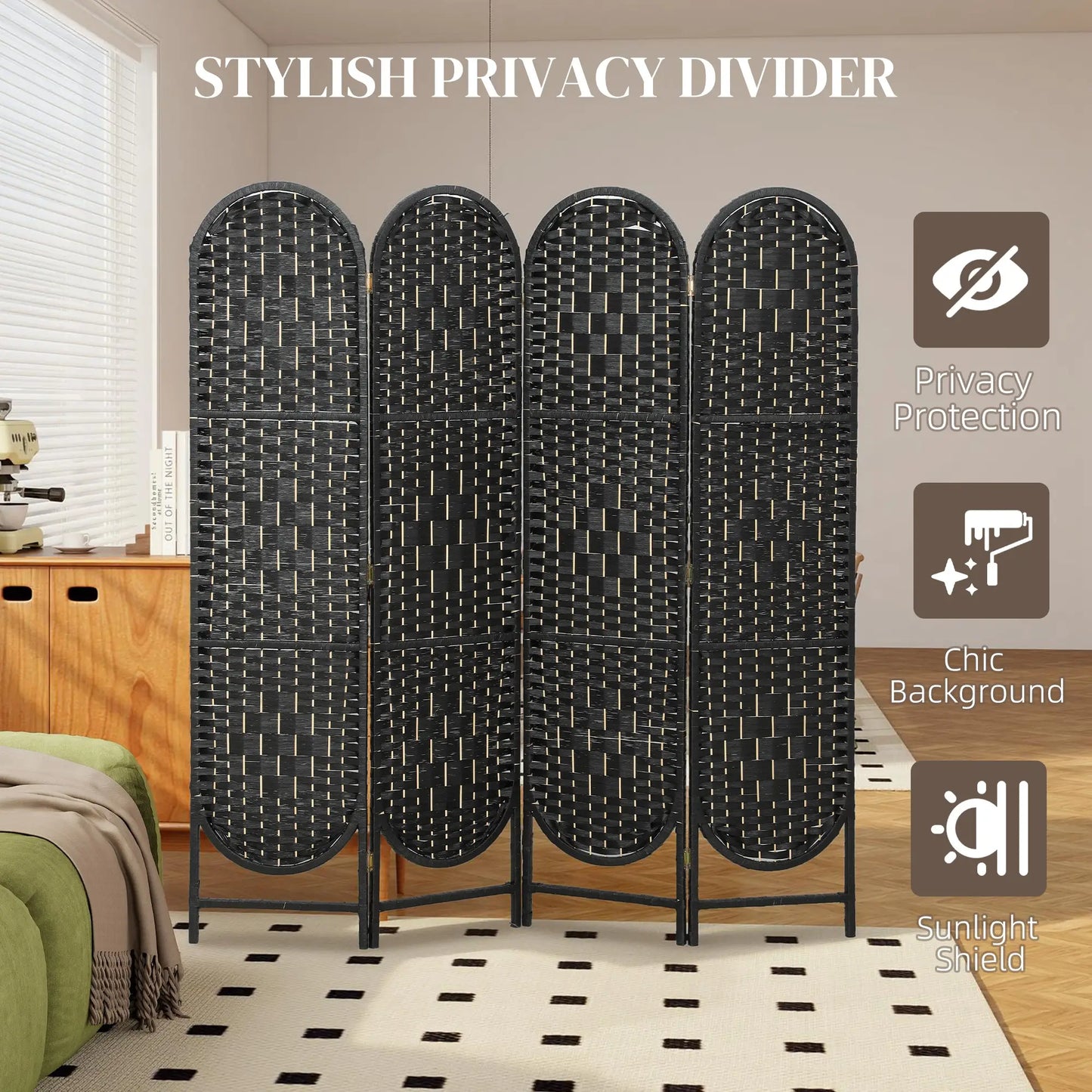 Bohemian Privacy Screen, 4 Panel Folding Room Divider, Arched Top, Black Room Dividers at Gallery Canada