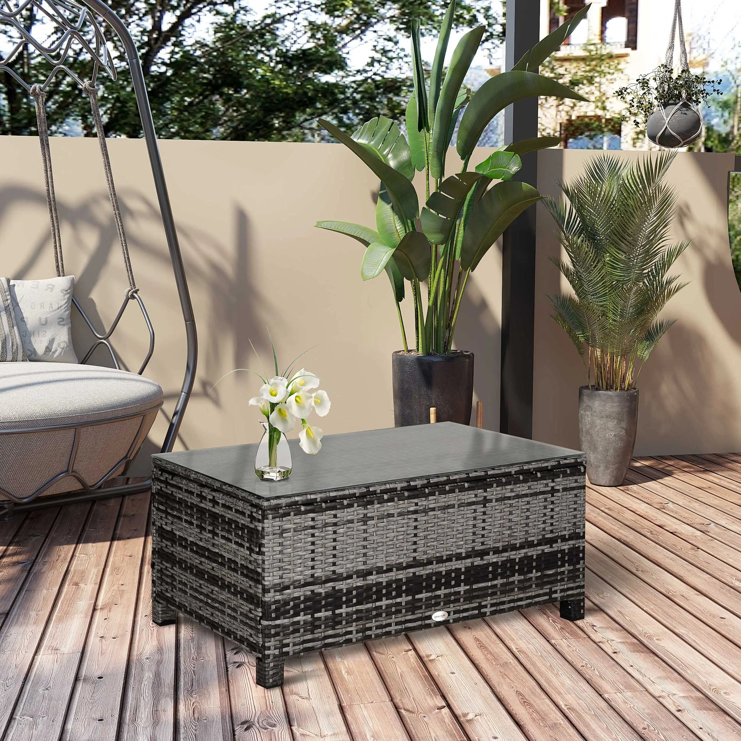 Outdoor PE Rattan Wicker Table, Glass Top, 24in, Mixed Grey Coffee Tables at Gallery Canada