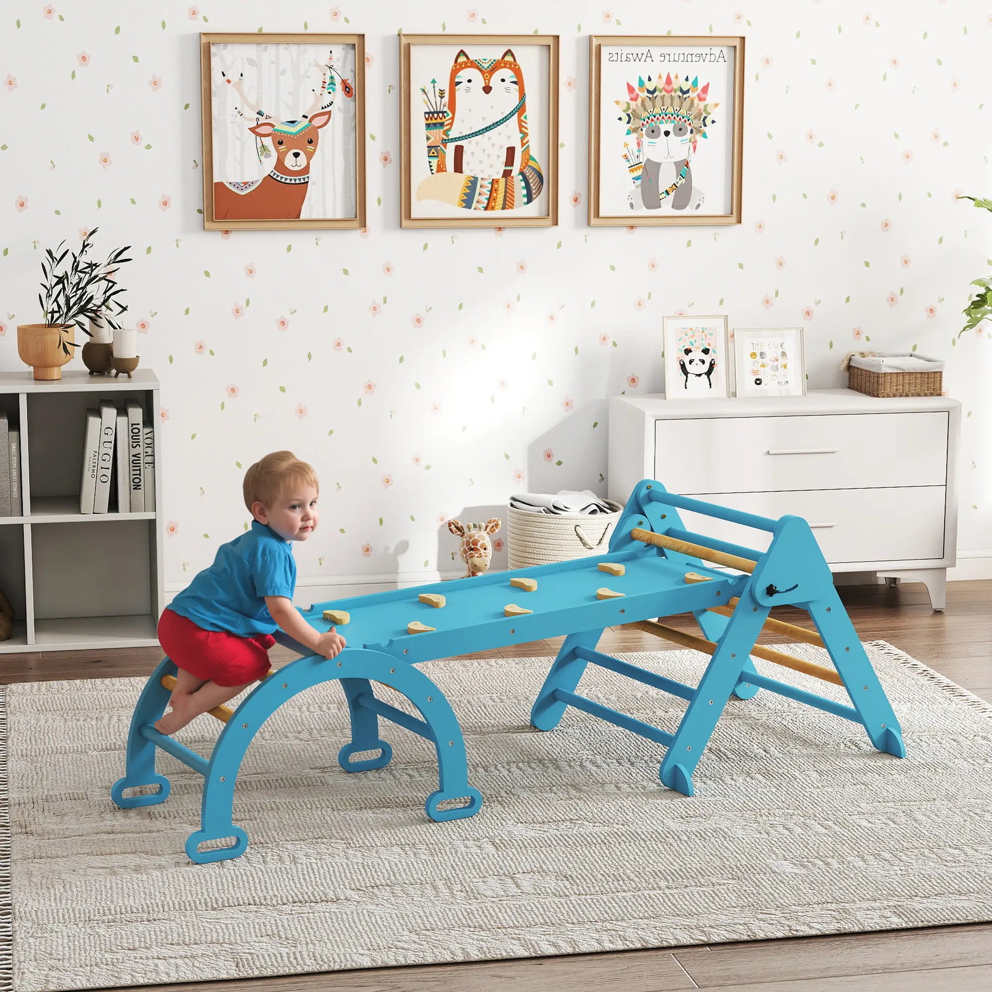 7-in-1 Pikler Triangle Set, Foldable Wooden Climbing Toys, Blue Kids Gym & Playmats at Gallery Canada