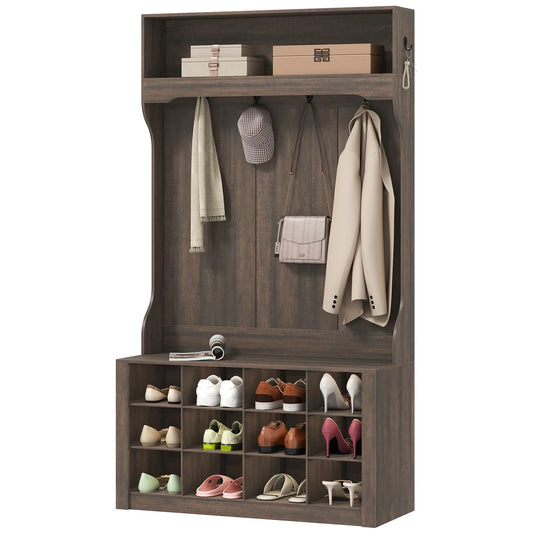 Porte-manteau 4-en-1 avec Banc, Rangement à Chaussures, 12 Casiers, 6 Crochets, Brun Foncé