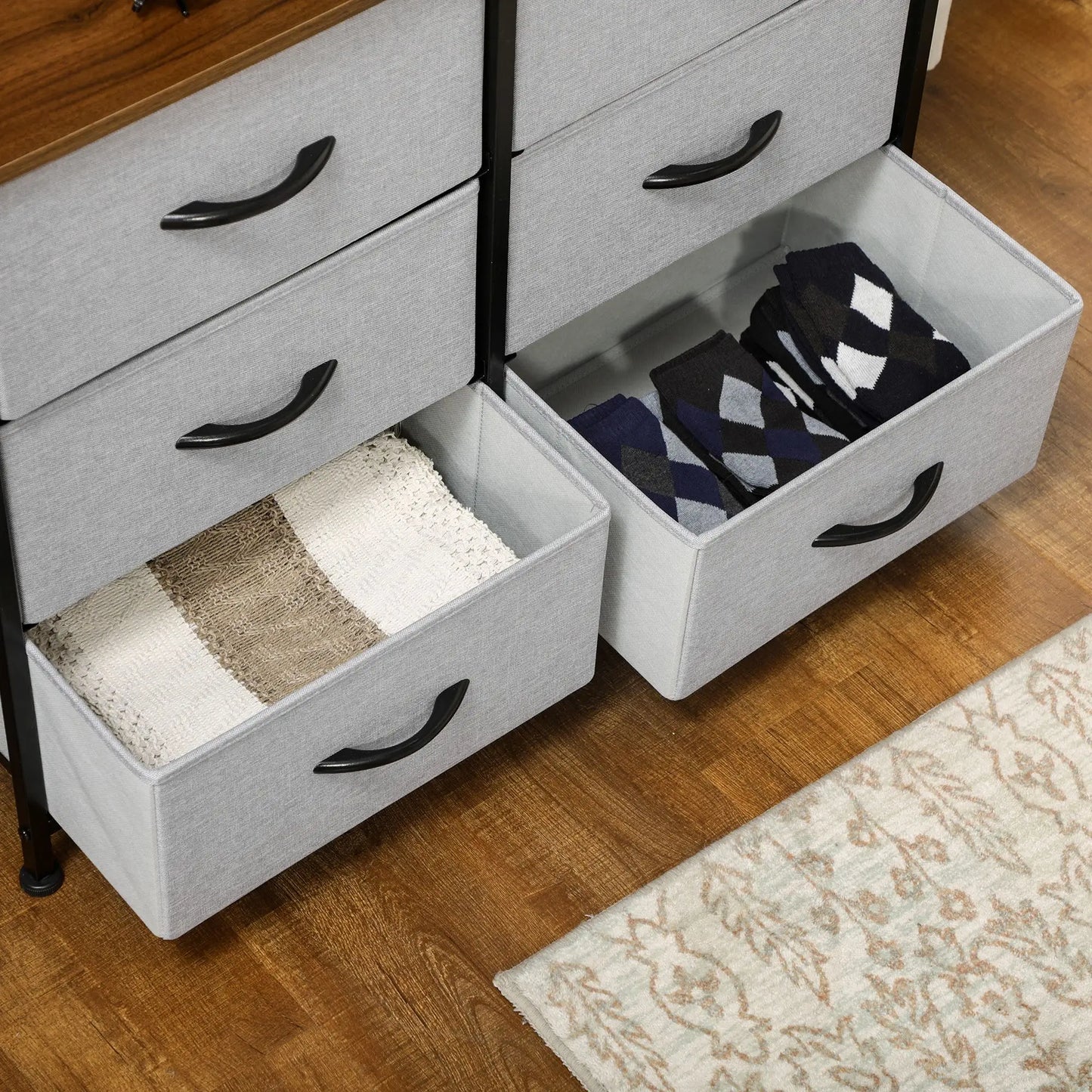 6 Drawer Dresser, Fabric Chest, Steel Frame, Wood Grain Top, Grey Storage Cabinets at Gallery Canada