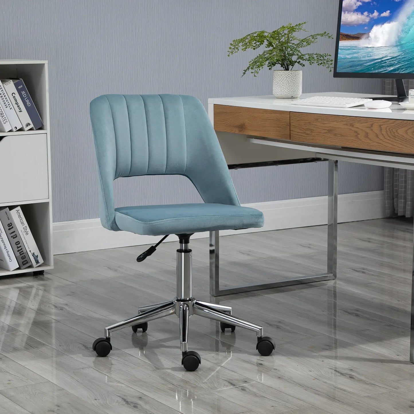 Mid Back Office Chair, Velvet Fabric, Swivel, Scallop Shape, Sky Blue Office Chairs at Gallery Canada