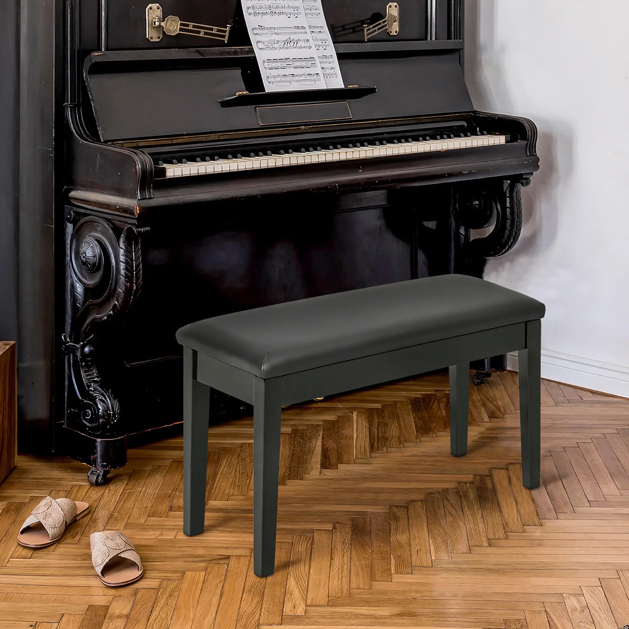 Classic Piano Bench, PU Leather, Rubber Wood Legs, Music Storage, Black Piano Benches at Gallery Canada