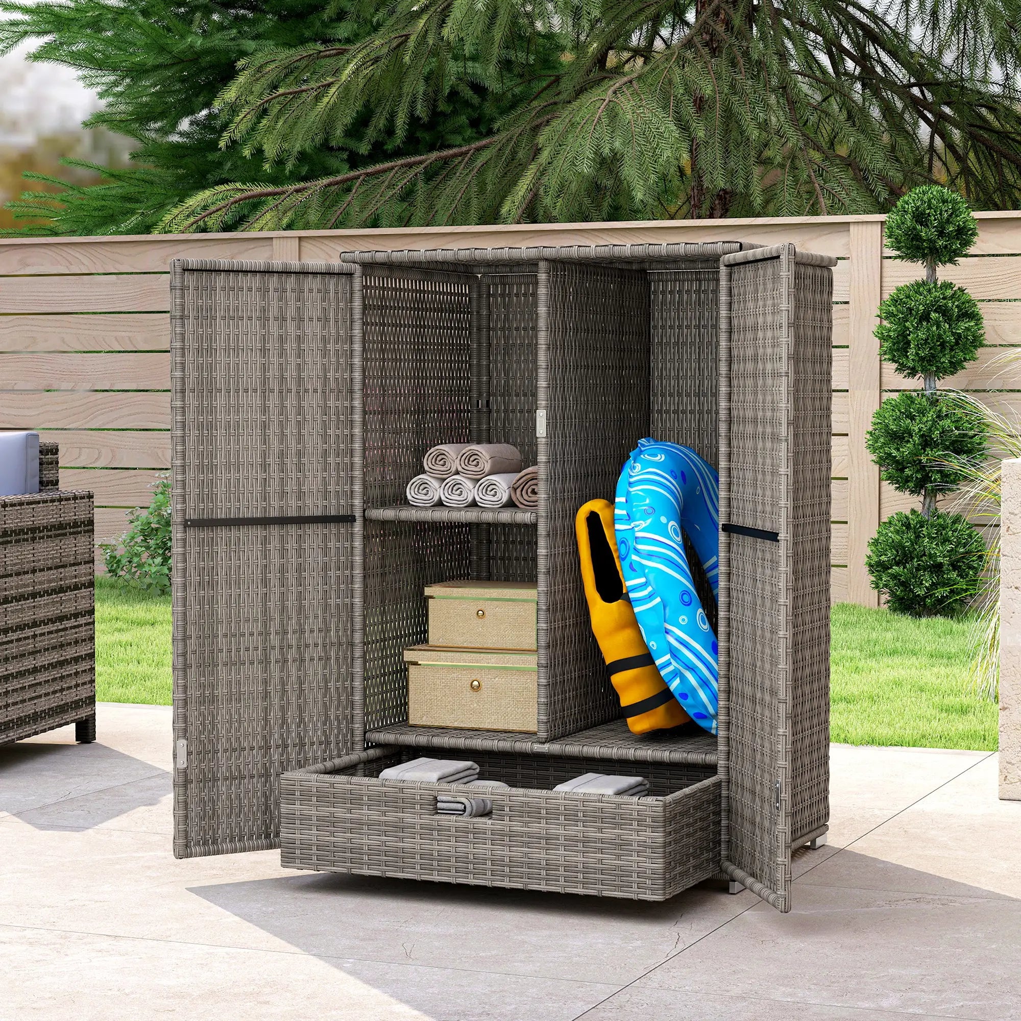 Wicker Outdoor Storage Cabinet, 2-Door Rattan, Dark Grey Patio Storage Boxes at Gallery Canada