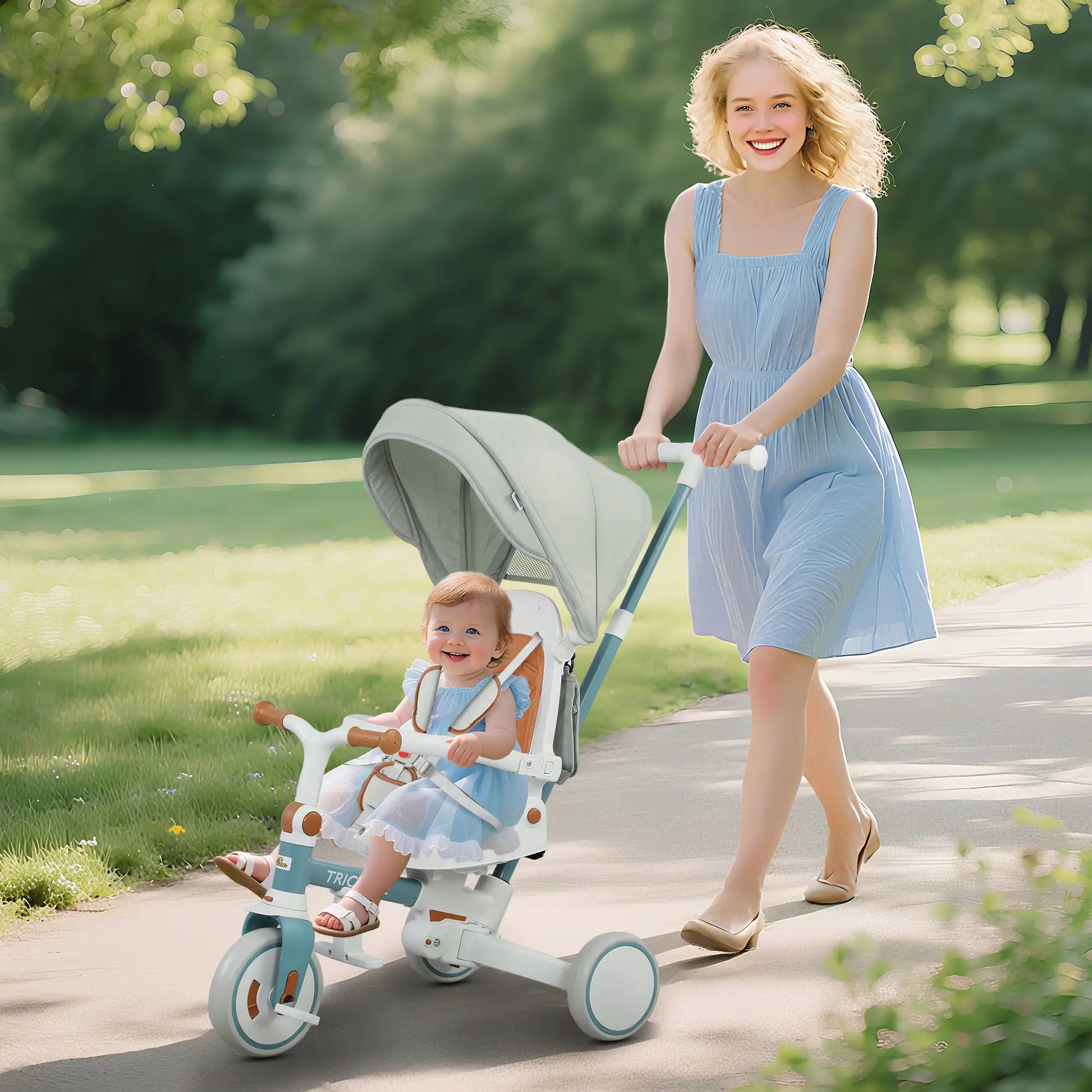 7 in 1 Toddler Tricycle, Adjustable Parent Handle, Canopy, Storage Bag, Brake, Blue Tricycles for Kids at Gallery Canada