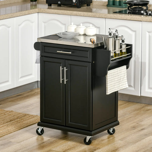 Kitchen Island with Stainless Steel Top, Rolling Cart, Storage Drawer, Black