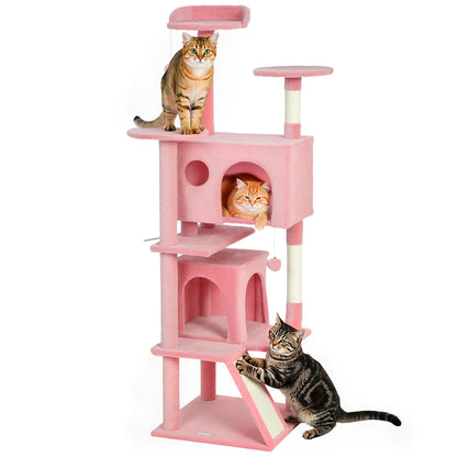 63" Cat Tree, Multi-Level Tower With Scratching Posts, Condos, Bed, Pink