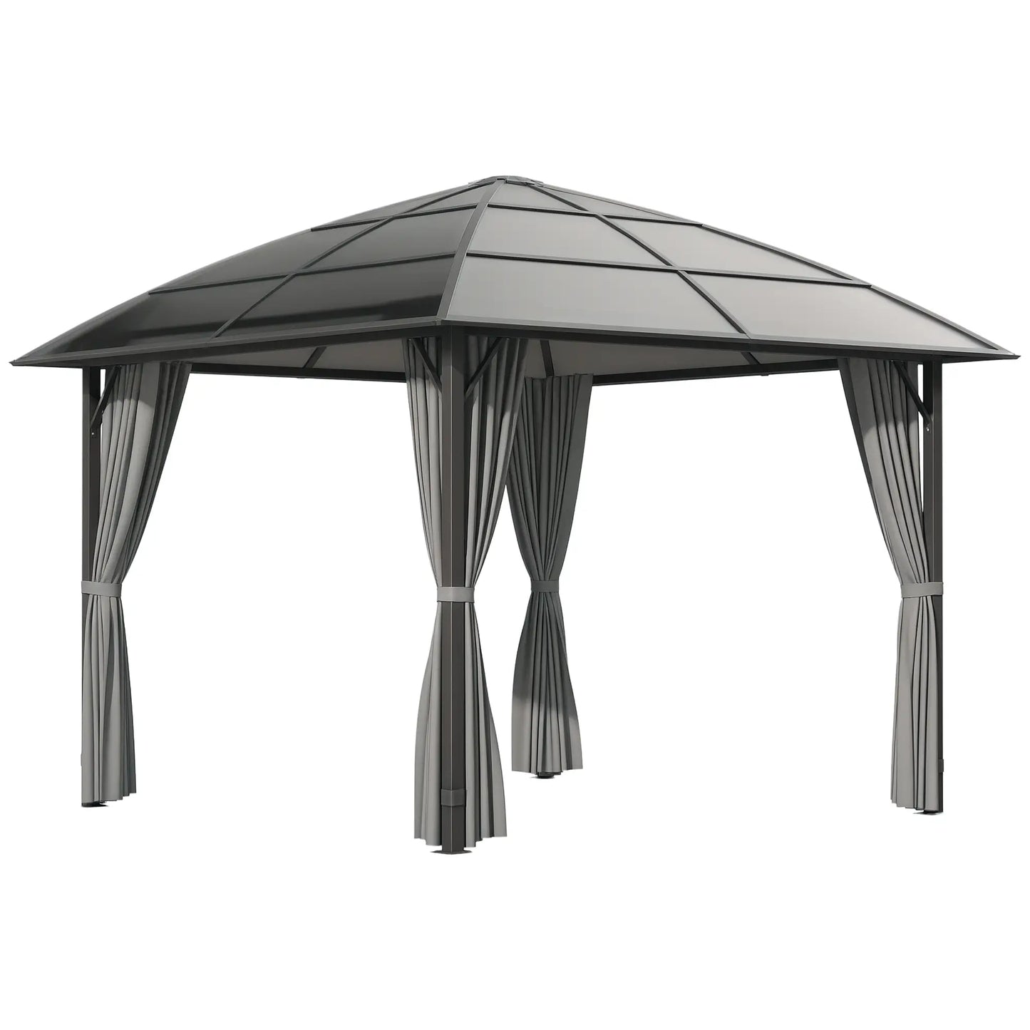 10' x 10' Hardtop Gazebo, UV60+ Polycarbonate Roof, Steel Frame, Dark Grey Gazebos Black Roof, Dark Grey Frame and Curtains at Gallery Canada