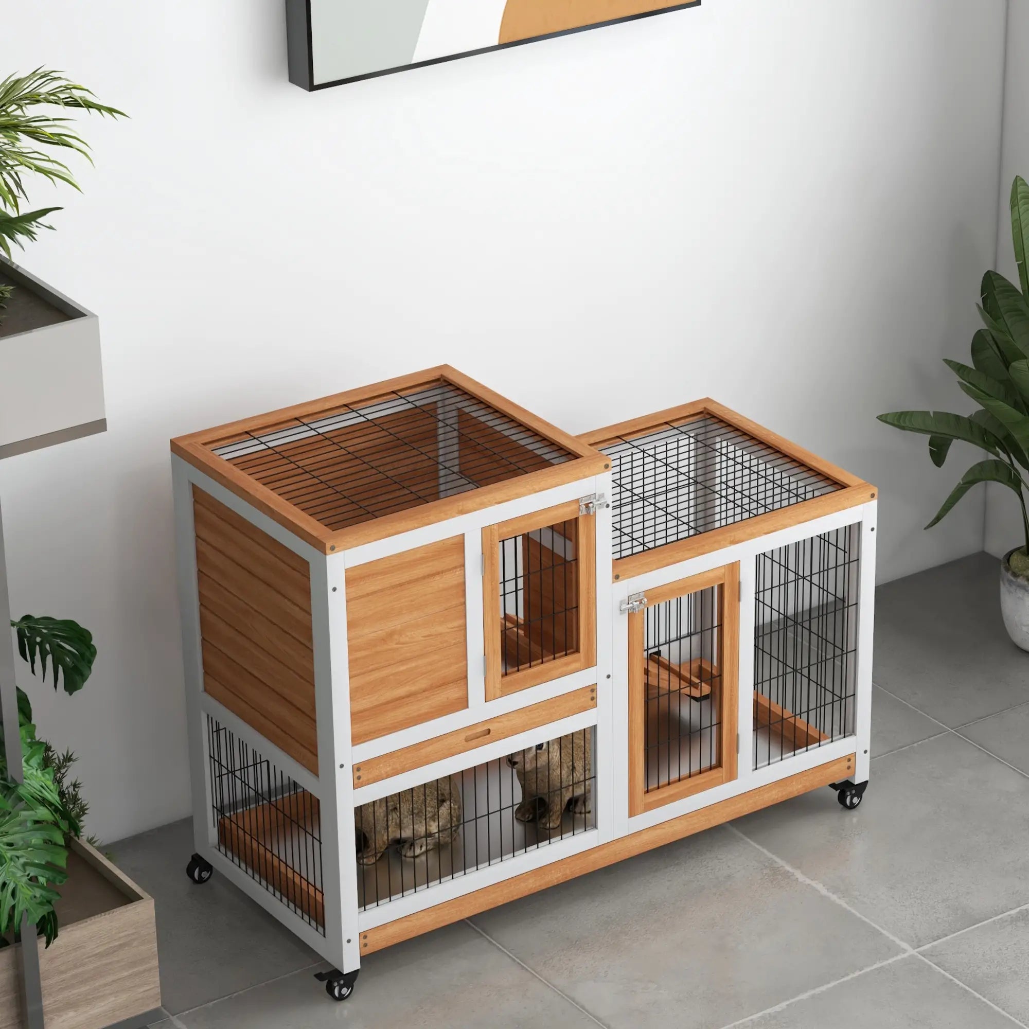 Wooden Rabbit Hutch, Indoor Bunny Cage with Wheels, Pull Out Trays, Yellow Rabbit Hutch at Gallery Canada