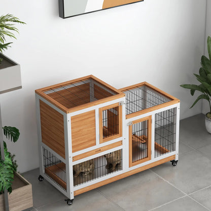 Wooden Rabbit Hutch, Indoor Bunny Cage with Wheels, Pull Out Trays, Yellow Rabbit Hutch at Gallery Canada