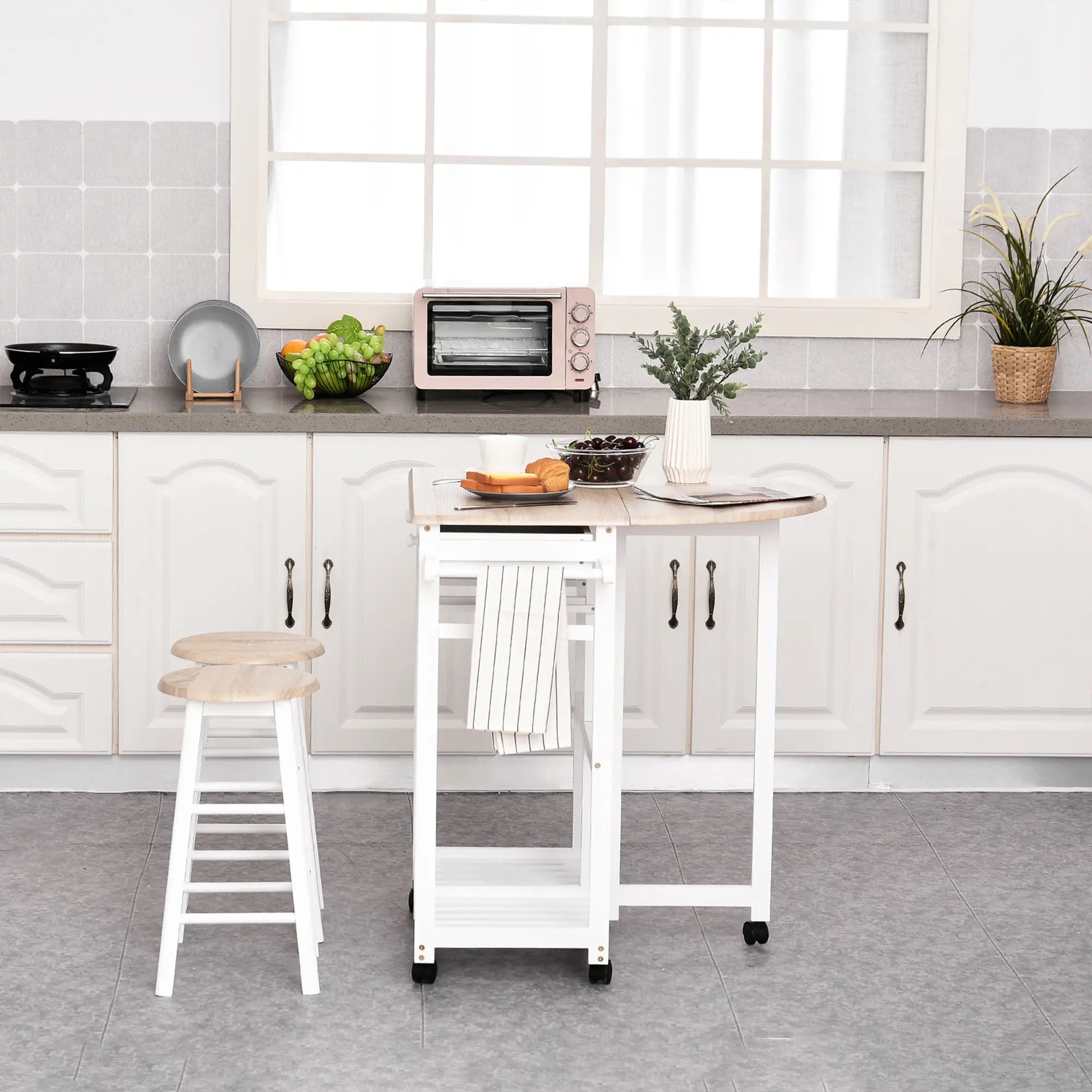 3 Piece Kitchen Cart Set, Drop Leaf Table, 2 Stools, Rolling Wheels, Wood, White Kitchen Islands & Kitchen Carts at Gallery Canada