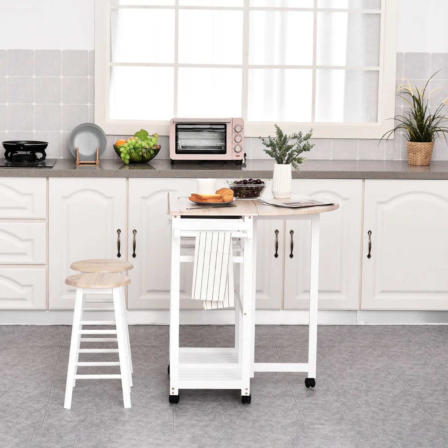 3 Piece Kitchen Cart Set, Drop Leaf Table, 2 Stools, Rolling Wheels, Wood, White Kitchen Islands & Kitchen Carts at Gallery Canada