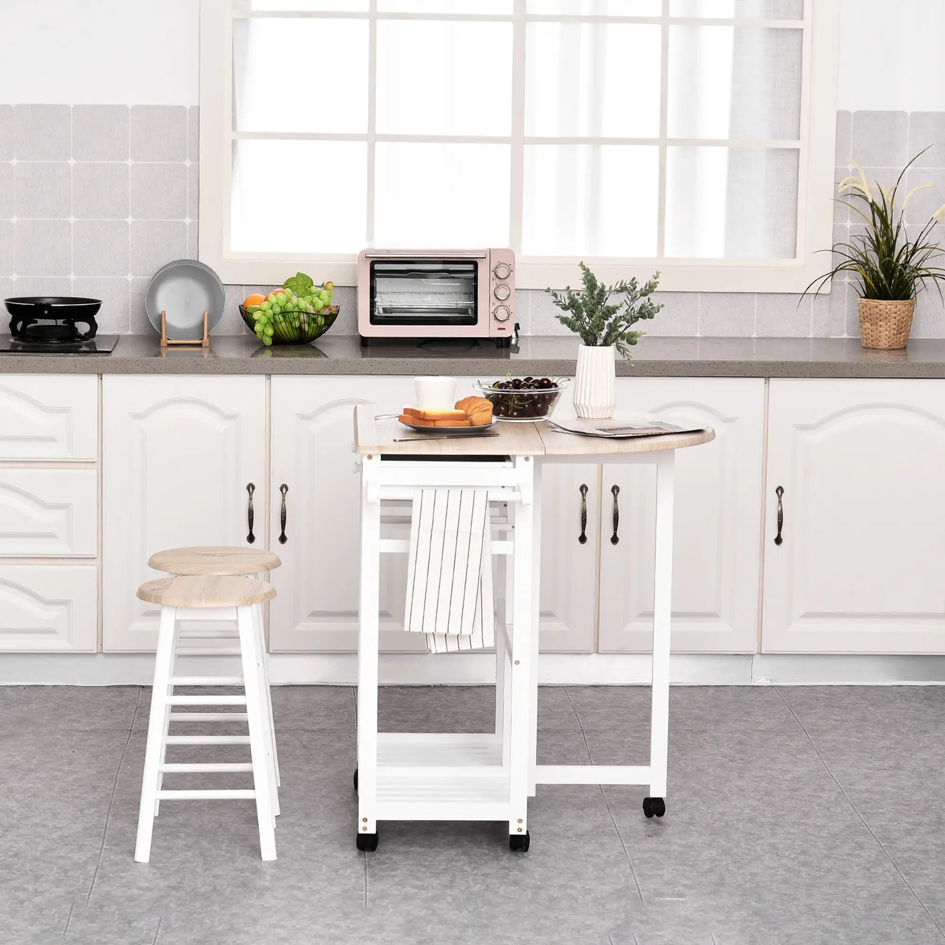 3 Piece Kitchen Cart Set, Drop Leaf Table, 2 Stools, Rolling Wheels, Wood, White Kitchen Islands & Kitchen Carts at Gallery Canada
