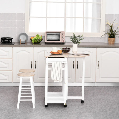 3 Piece Kitchen Cart Set, Drop Leaf Table, 2 Stools, Rolling Wheels, Wood, White