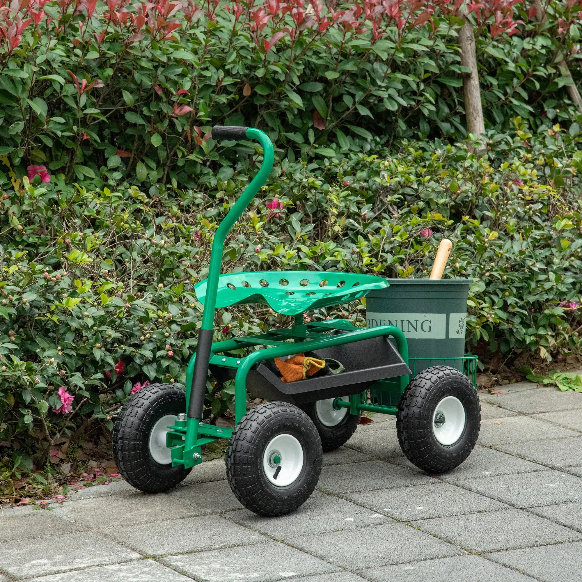 Garden Scooter, Rolling Cart, Adjustable Seat, Tool Tray, Bucket Basket, Green, Black Garden Accessories at Gallery Canada