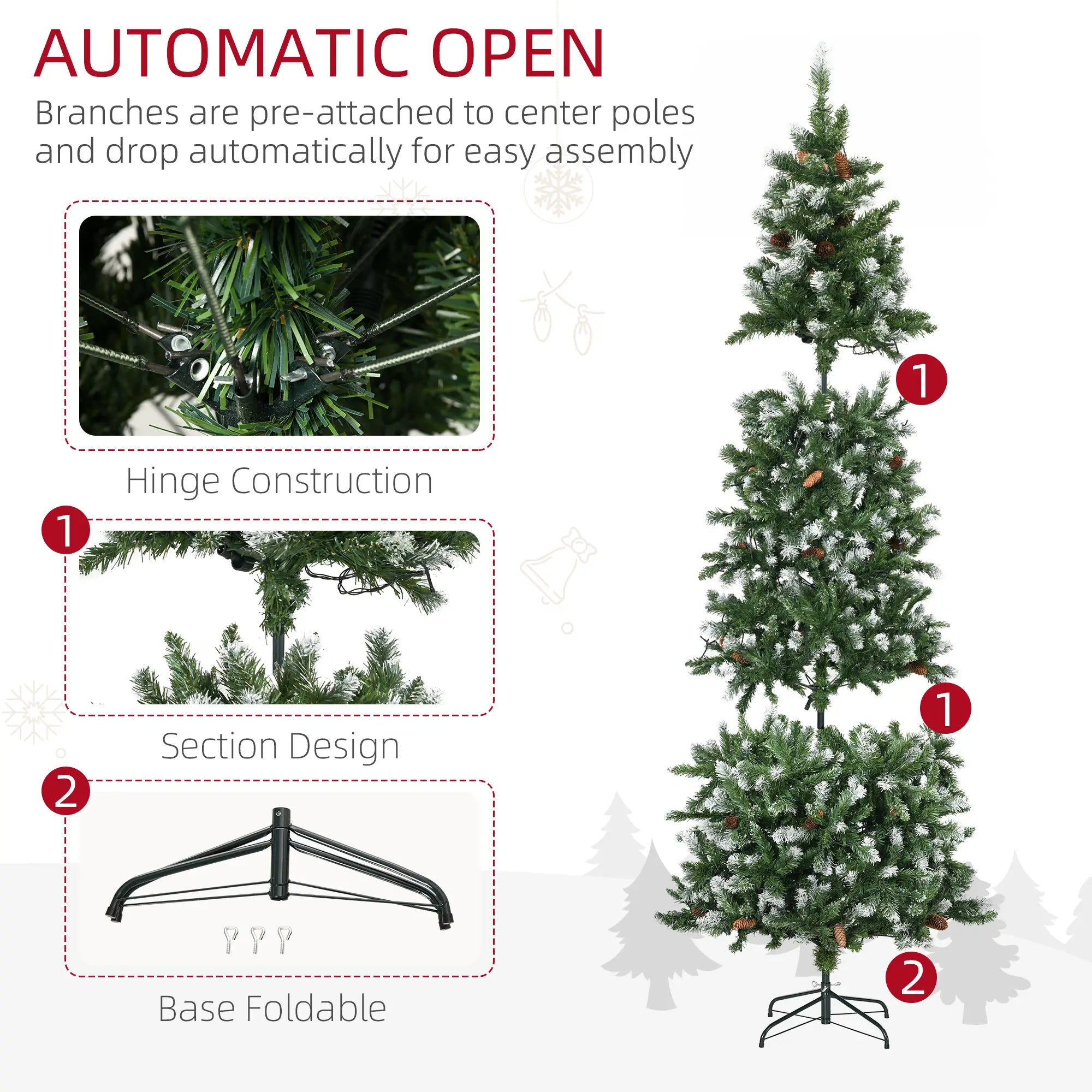 7.5' Skinny Prelit Artificial Christmas Tree, Auto Open, Pinecones, Snow-Dipped Branches Pre Lit Christmas Trees at Gallery Canada