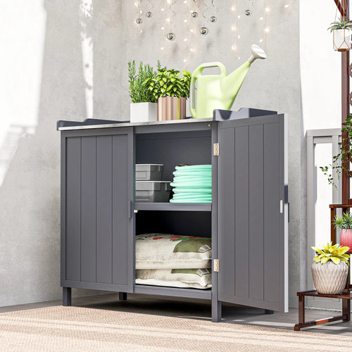Outdoor Garden Storage Cabinet, Potting Bench with Galvanized Top, Grey