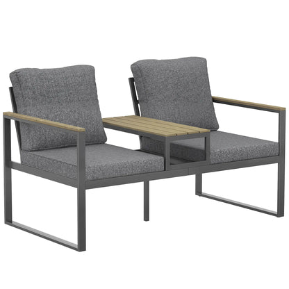 Outdoor Garden Bench With Integrated Table, 2 Seater Patio Loveseat, 136 cm, Grey Outdoor Benches at Gallery Canada