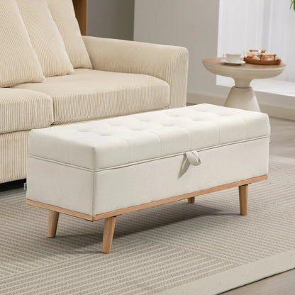 Storage Ottoman Bench with Lift-Up Lid, Wood Legs, Cream White Storage Ottomans & Benches at Gallery Canada