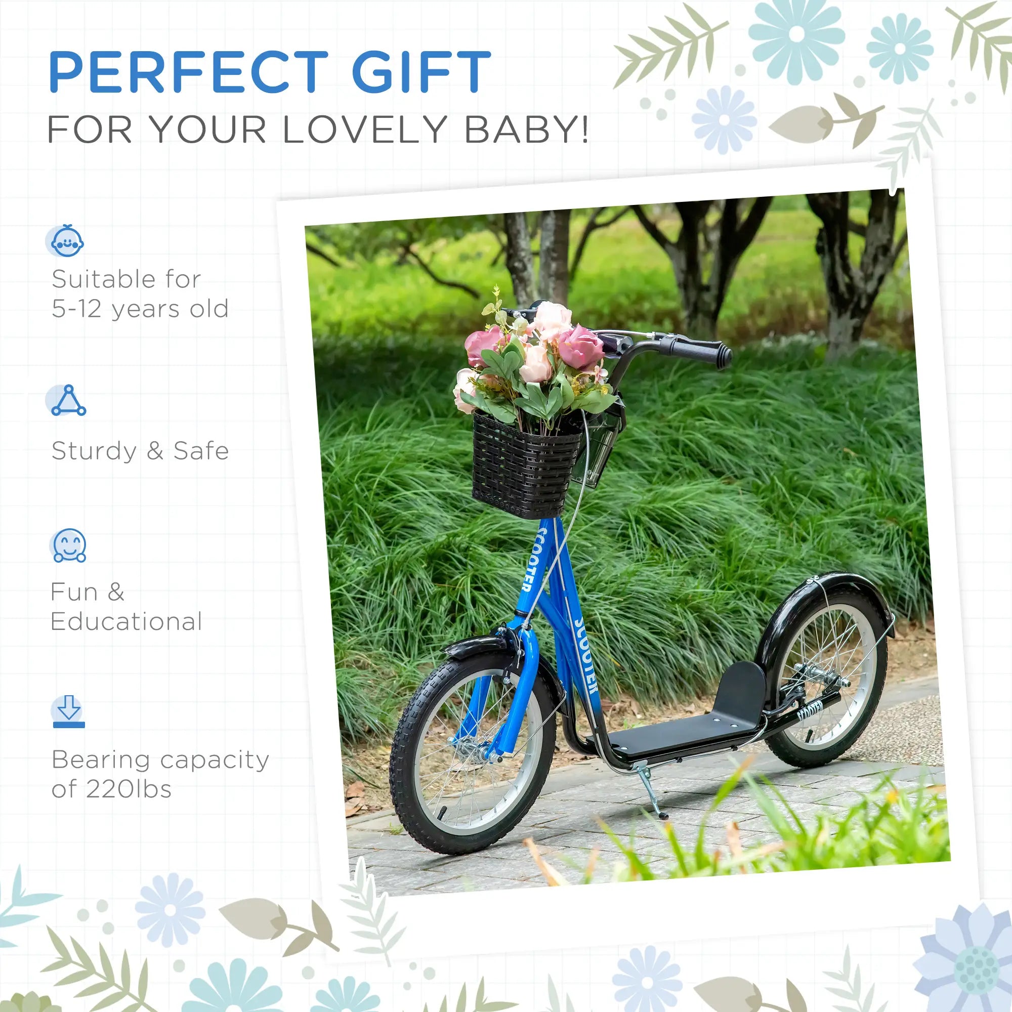 Kids Kick Scooter, Adjustable Handlebar, 2 Brakes, Basket, Cupholder, 16