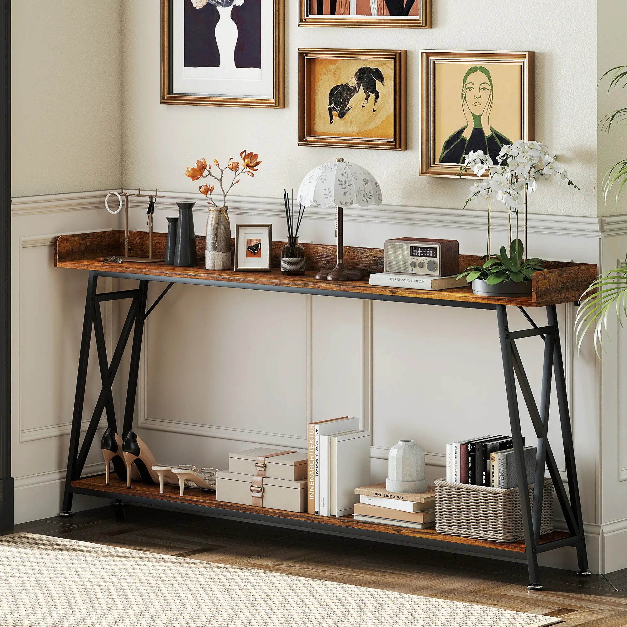 71 Inch Extra Long Console Table with Storage Shelf, Rustic Brown Console Tables at Gallery Canada