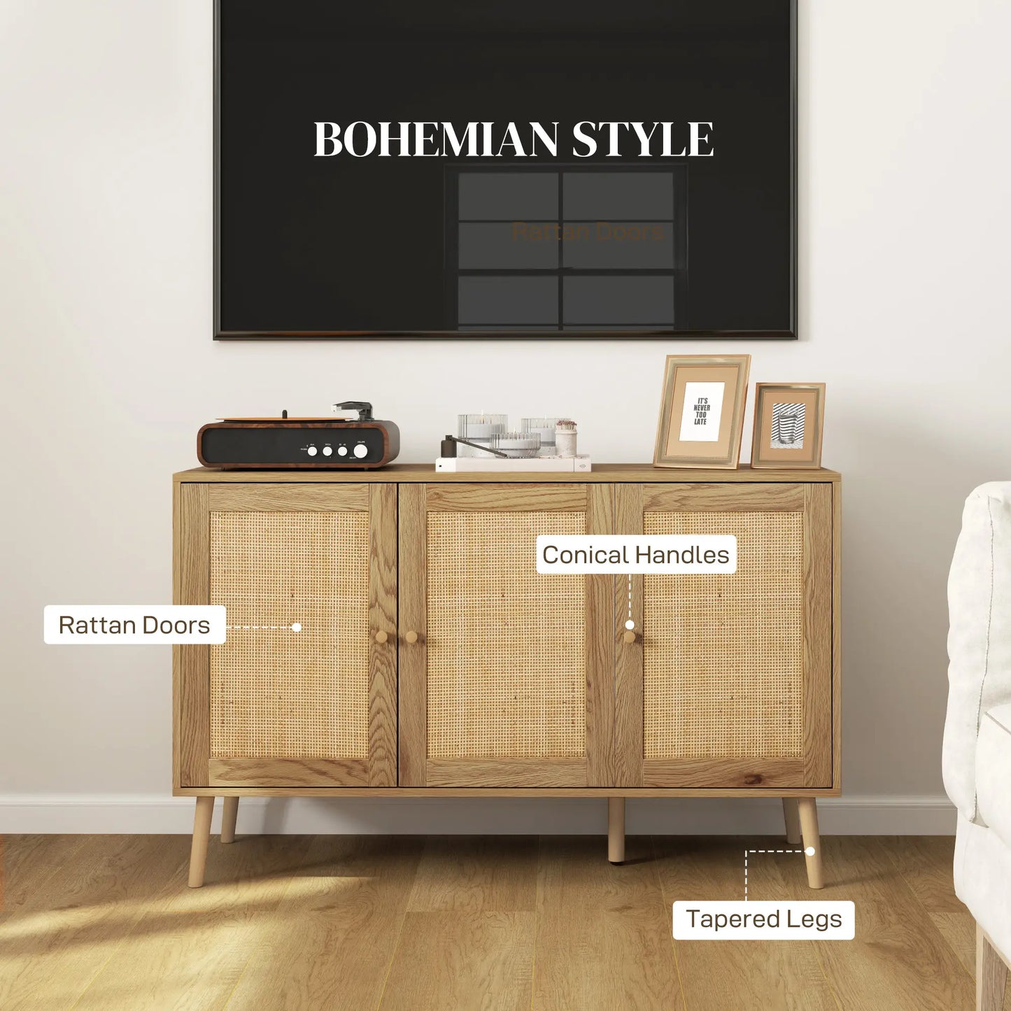 Bohemian Sideboard, Rattan Doors, Adjustable Shelf, Natural Wood Storage Cabinets at Gallery Canada