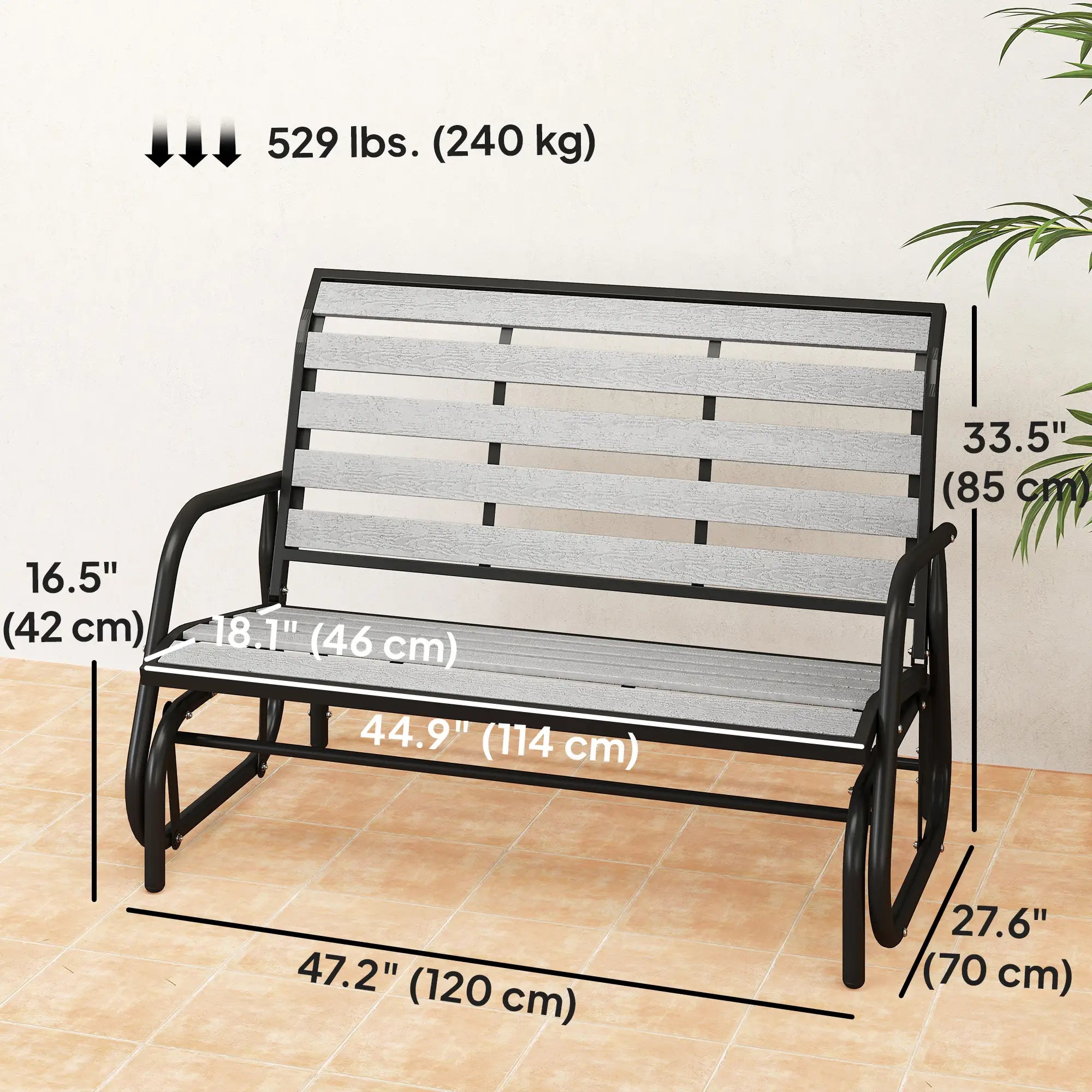 2 Person Outdoor Glider Bench, Steel Frame, Faux Wood Slats, Grey Outdoor Gliders at Gallery Canada