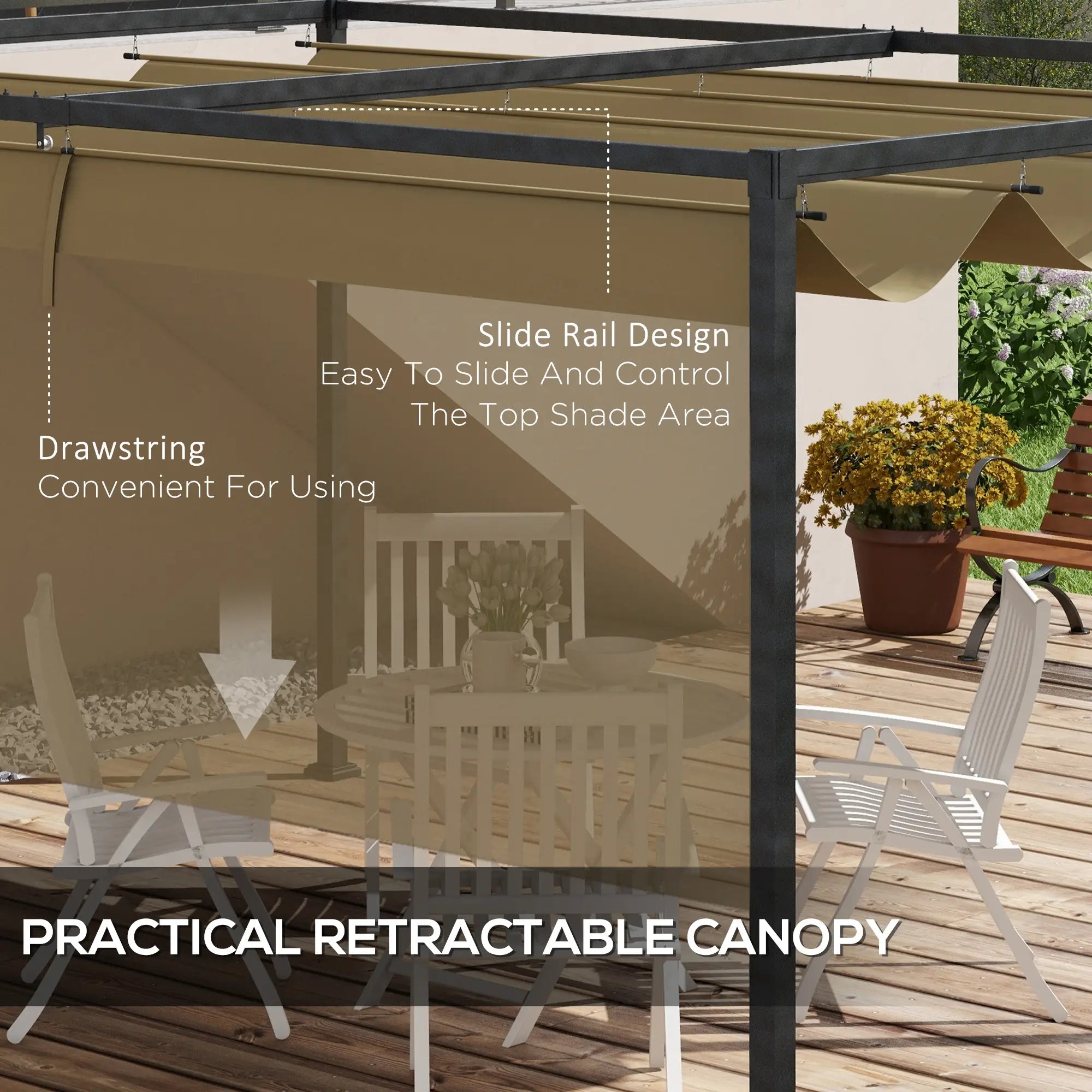 10' x 7' Patio Pergola, Retractable Canopy, Outdoor Sun Shelter, Khaki Pergolas at Gallery Canada