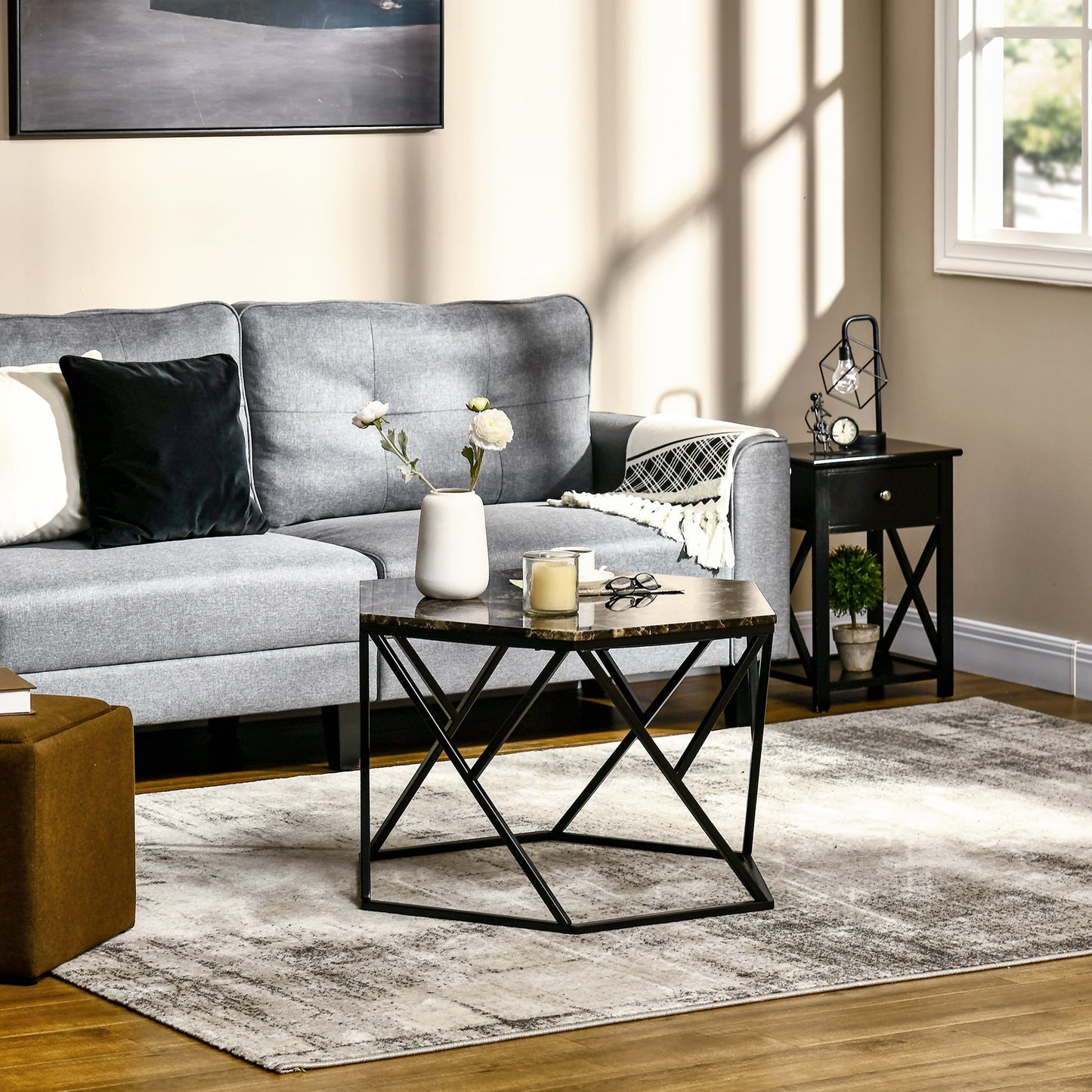 Coffee Table with High Gloss Marble Tabletop, Modern Cocktail Table with Steel Frame for Living Room, Black - Gallery Canada