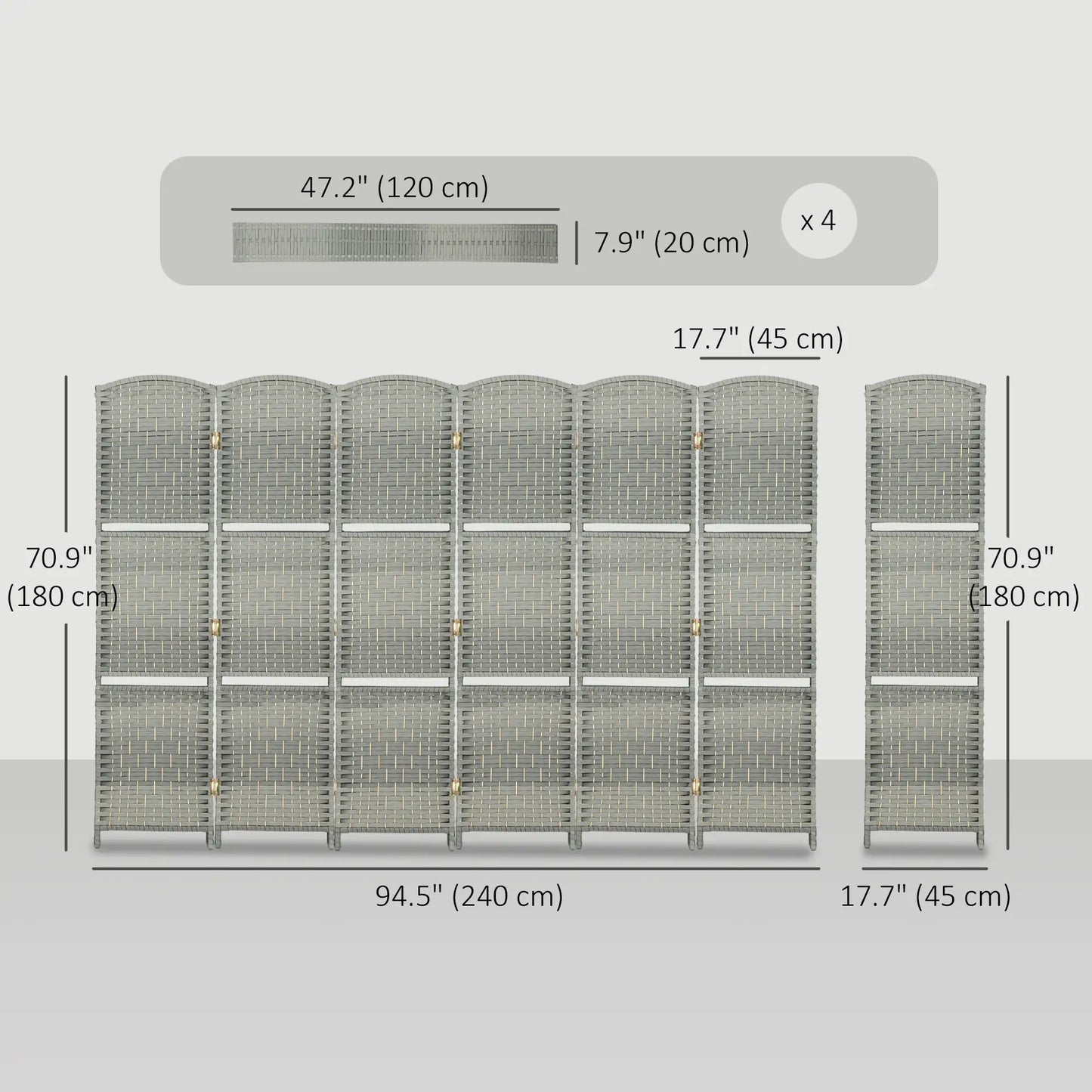 6 FT Privacy Screen, 6 Panel Room Divider With Shelves, Grey