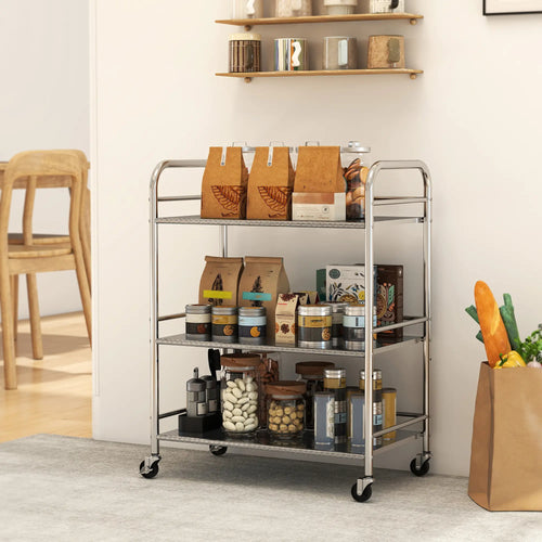 3 Tier Stainless Steel Rolling Cart, Adjustable Shelf, Wheels, Silver