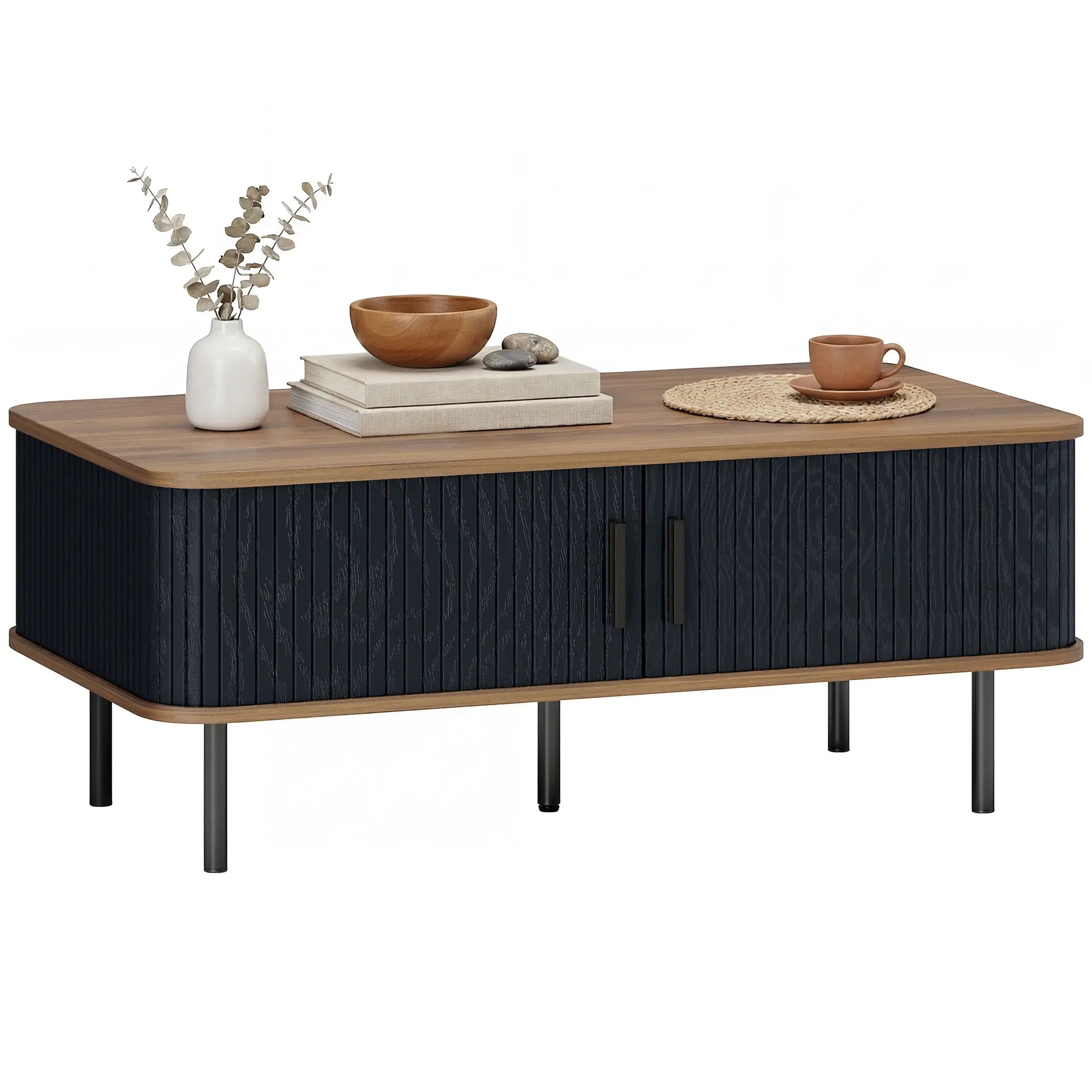 Nordic Side Table with Fluted Tambour Sliding Doors and Steel Legs, Coffee Table with Storage for Living Room, Black Coffee Tables at Gallery Canada
