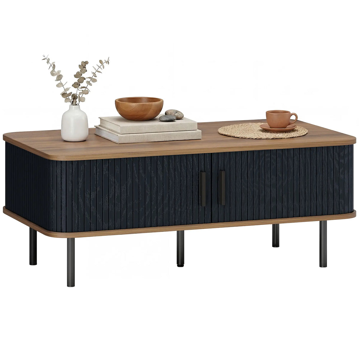 Nordic Side Table with Fluted Tambour Sliding Doors and Steel Legs, Coffee Table with Storage for Living Room, Black Coffee Tables at Gallery Canada