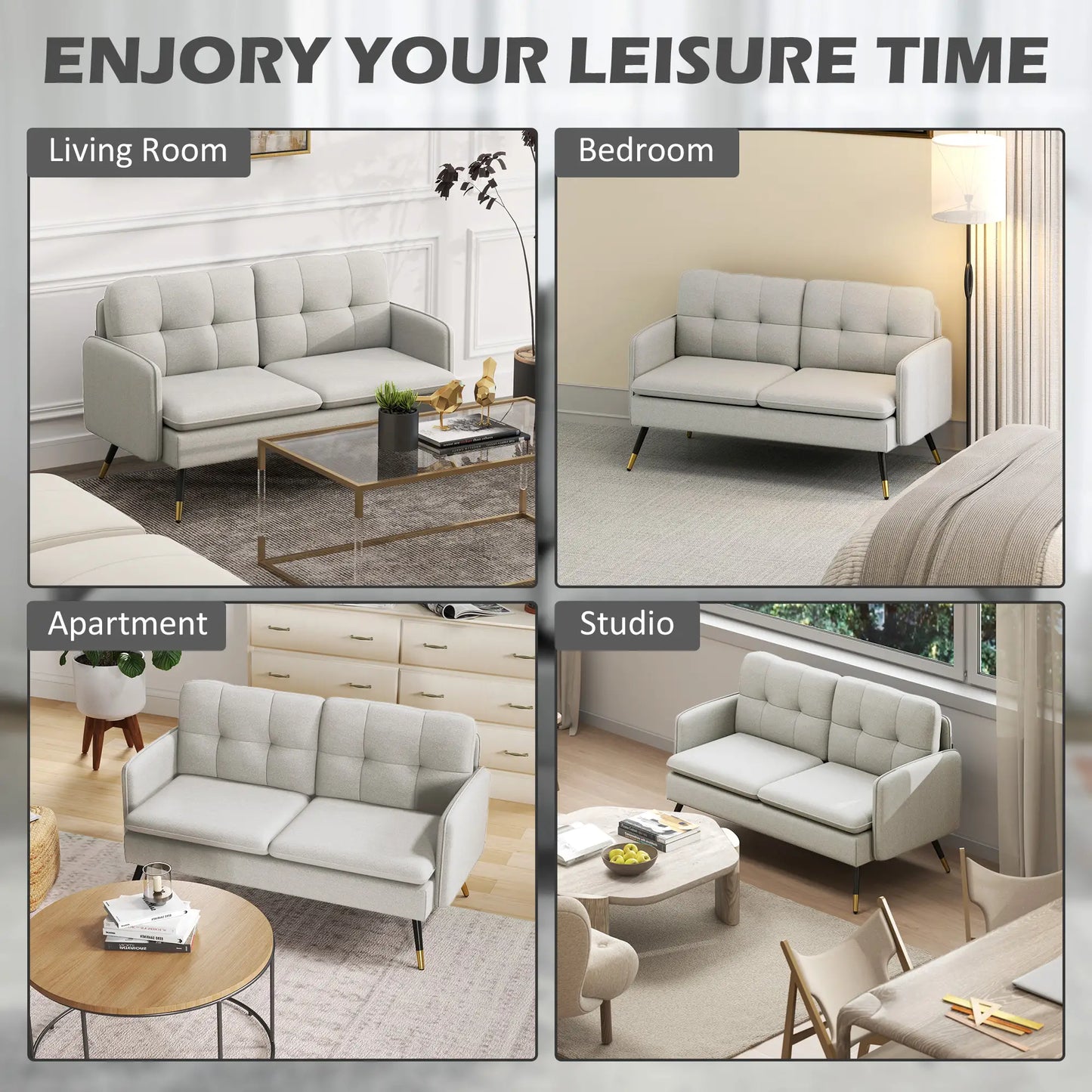 55" Loveseat, Fabric Sofa, Button Tufted Back, Steel Legs, Cream White 2-Seater Sofas at Gallery Canada