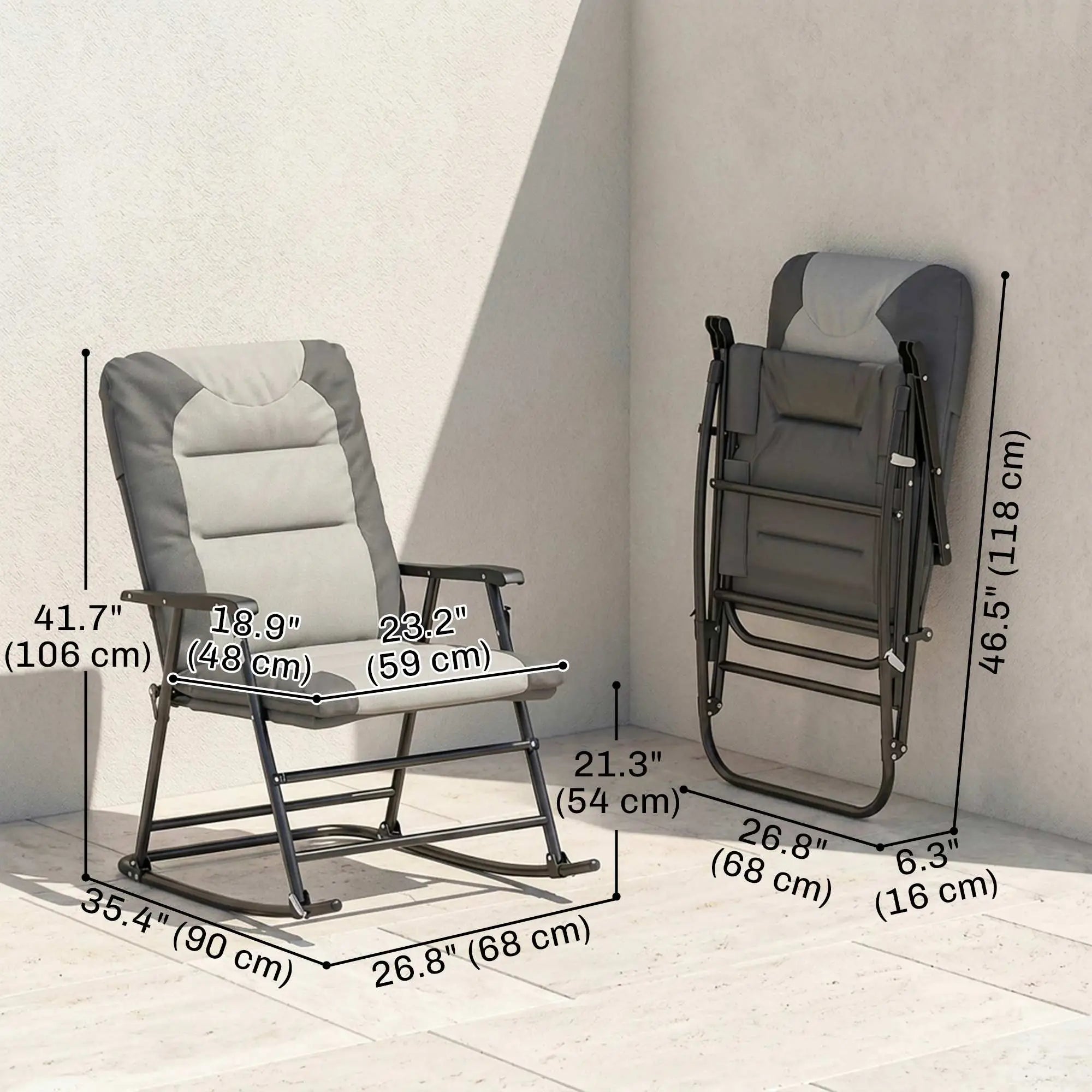 Folding Rocking Chair Set, 2 Padded Rockers with Armrest, Light Grey Outdoor Rocking Chairs at Gallery Canada