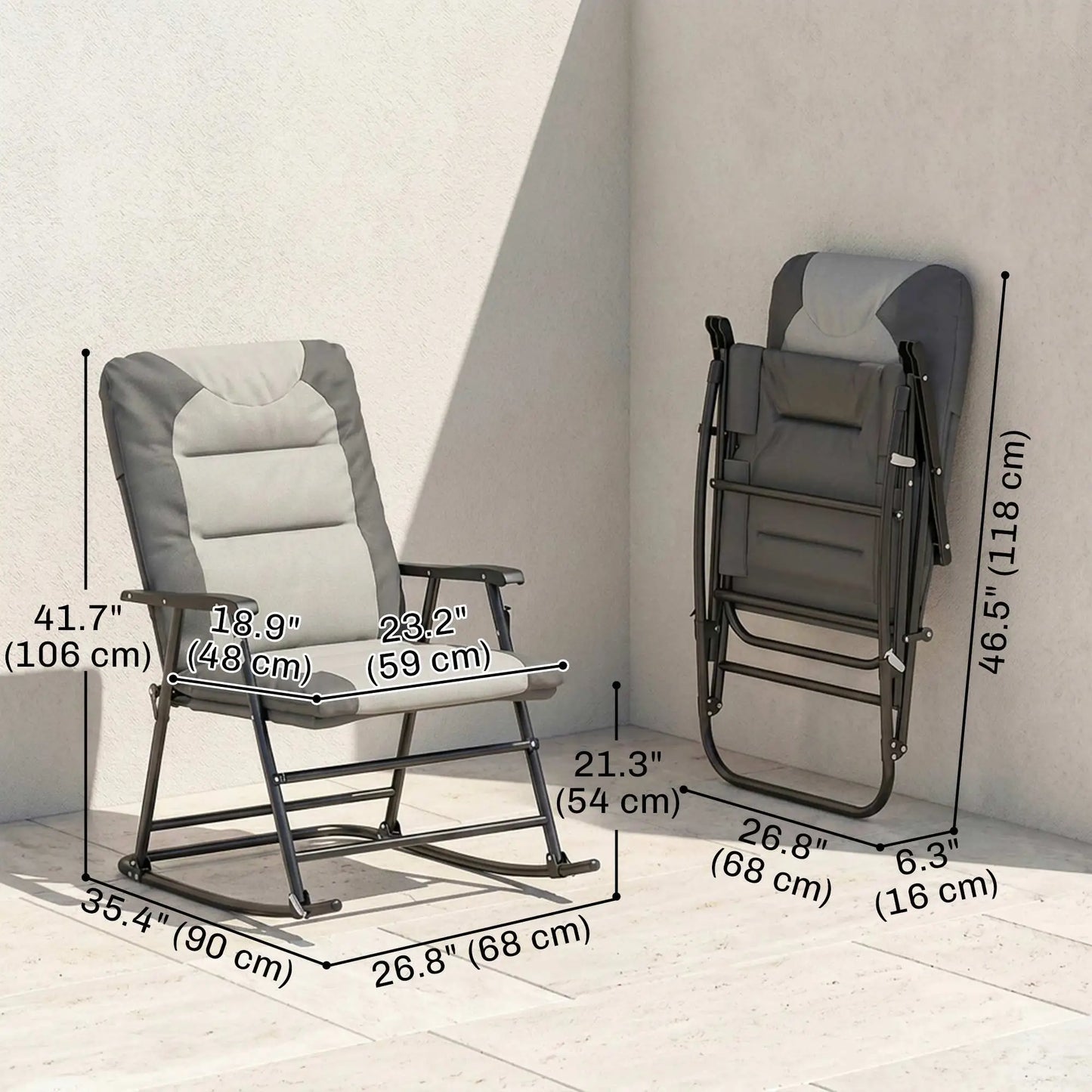 Folding Rocking Chair Set, 2 Padded Rockers with Armrest, Light Grey Outdoor Rocking Chairs at Gallery Canada