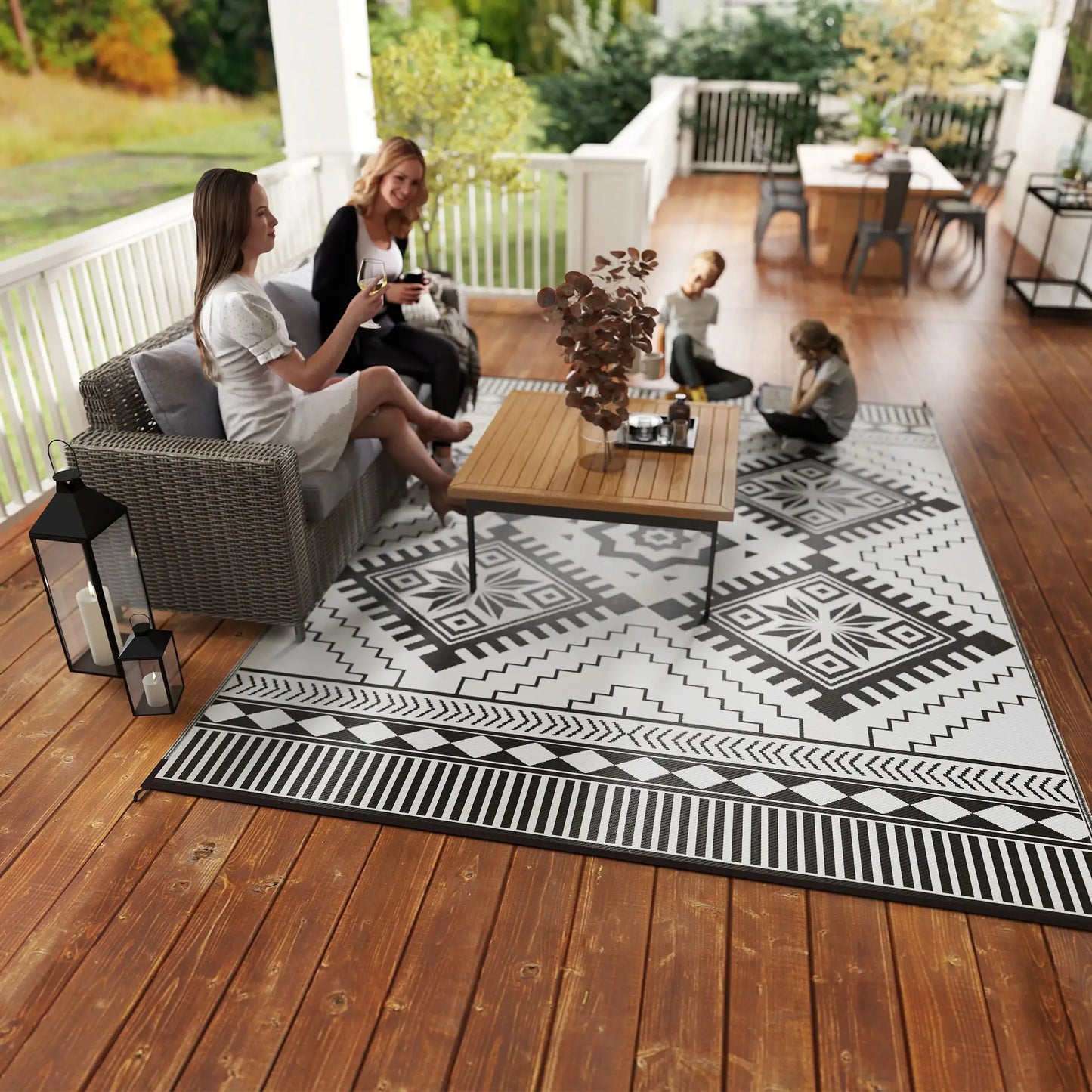 9' x 12' Outdoor RV Rug, Reversible Patio Mat, White and Black Garden Decor at Gallery Canada