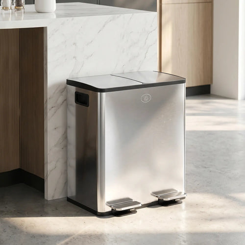 Dual Garbage Bin, Soft Close Trash Can, 2 x 20 Liter, Silver