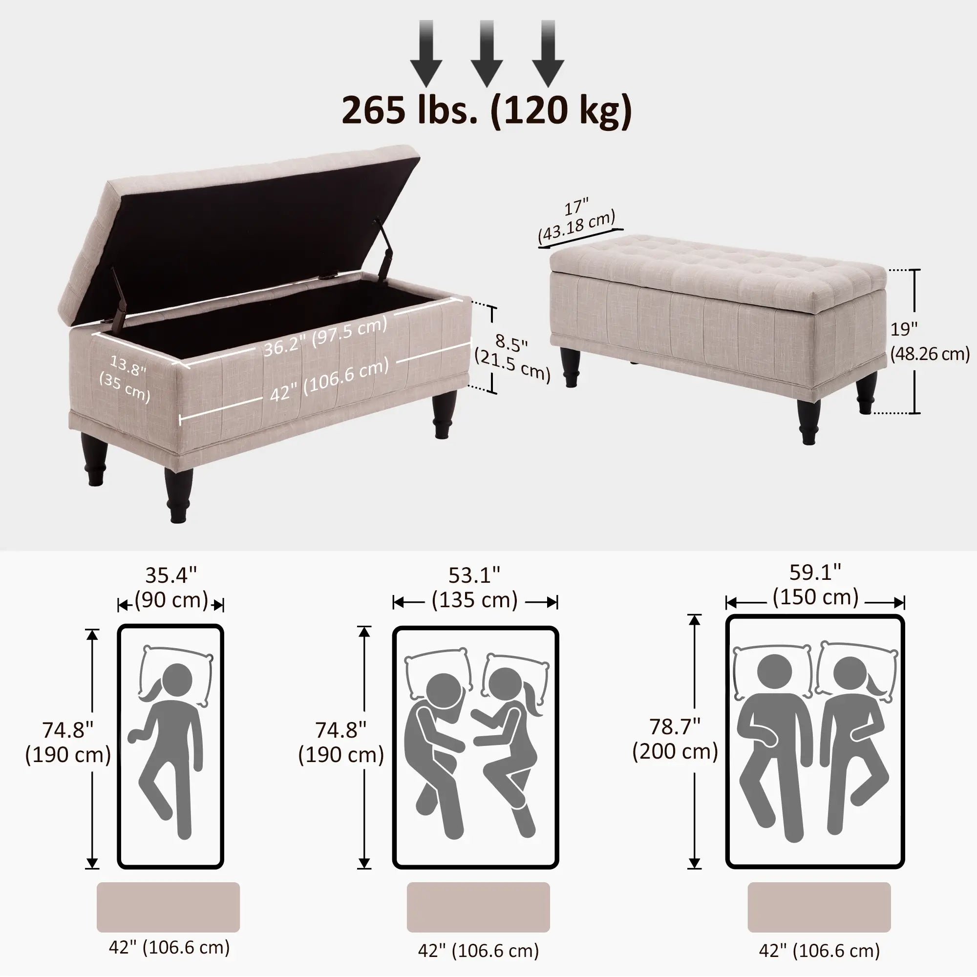Storage Ottoman, Linen Fabric Bench with Soft Close Lid, 42