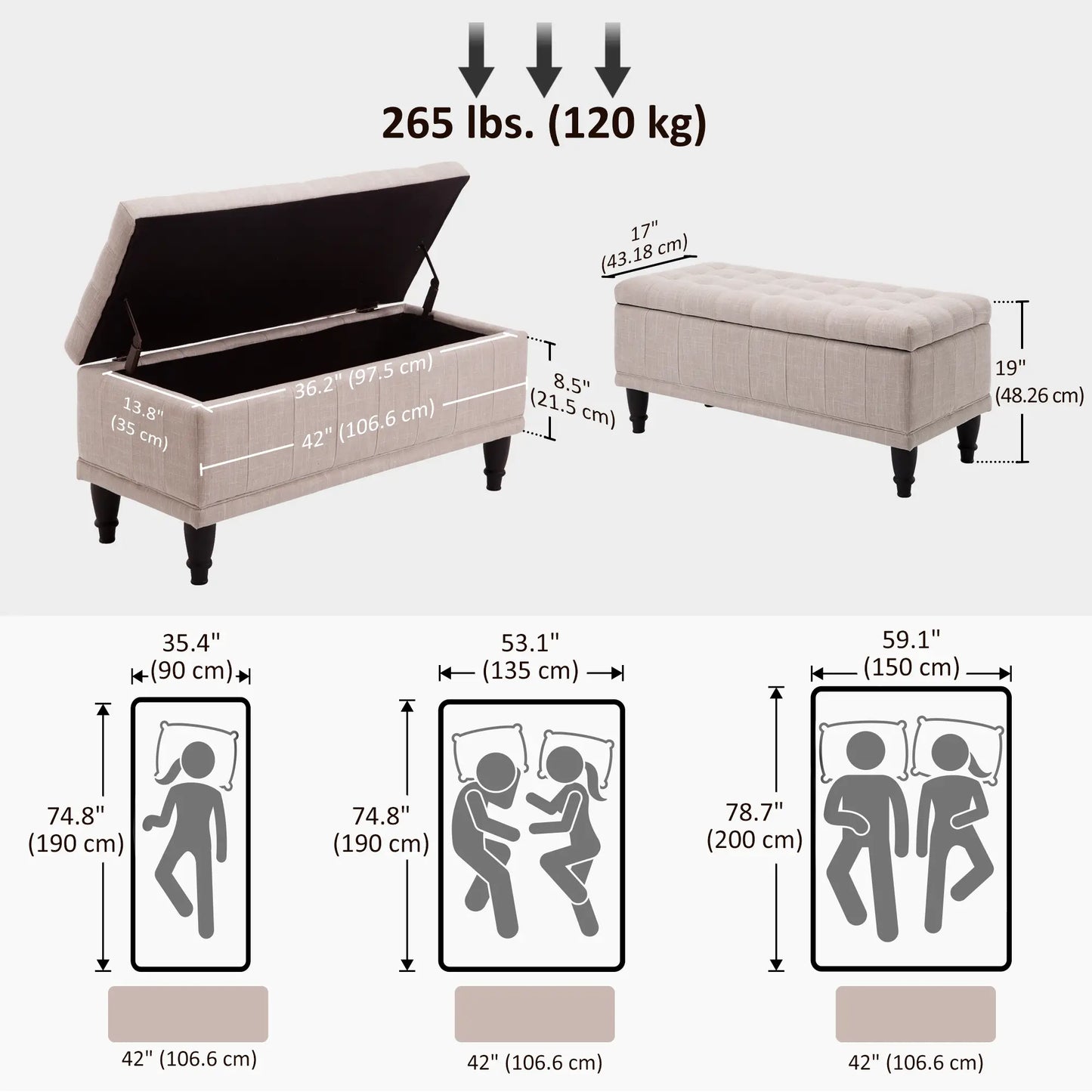 Storage Ottoman, Linen Fabric Bench with Soft Close Lid, 42" x 17" x 19", Beige Storage Ottomans & Benches at Gallery Canada