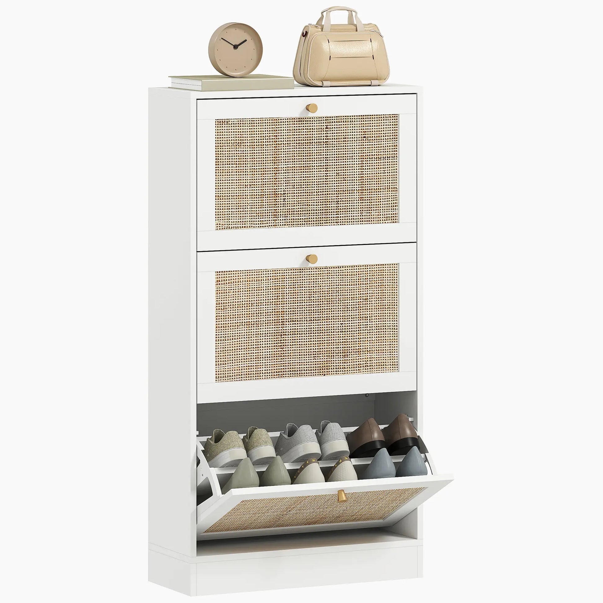 Rattan Shoe Storage Cabinet, 3 Flip Drawers, Adjustable Shelves, 18 Pairs, White Shoe Storage Cabinets & Racks at Gallery Canada