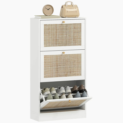Rattan Shoe Storage Cabinet, 3 Flip Drawers, Adjustable Shelves, 18 Pairs, White Shoe Storage Cabinets & Racks at Gallery Canada